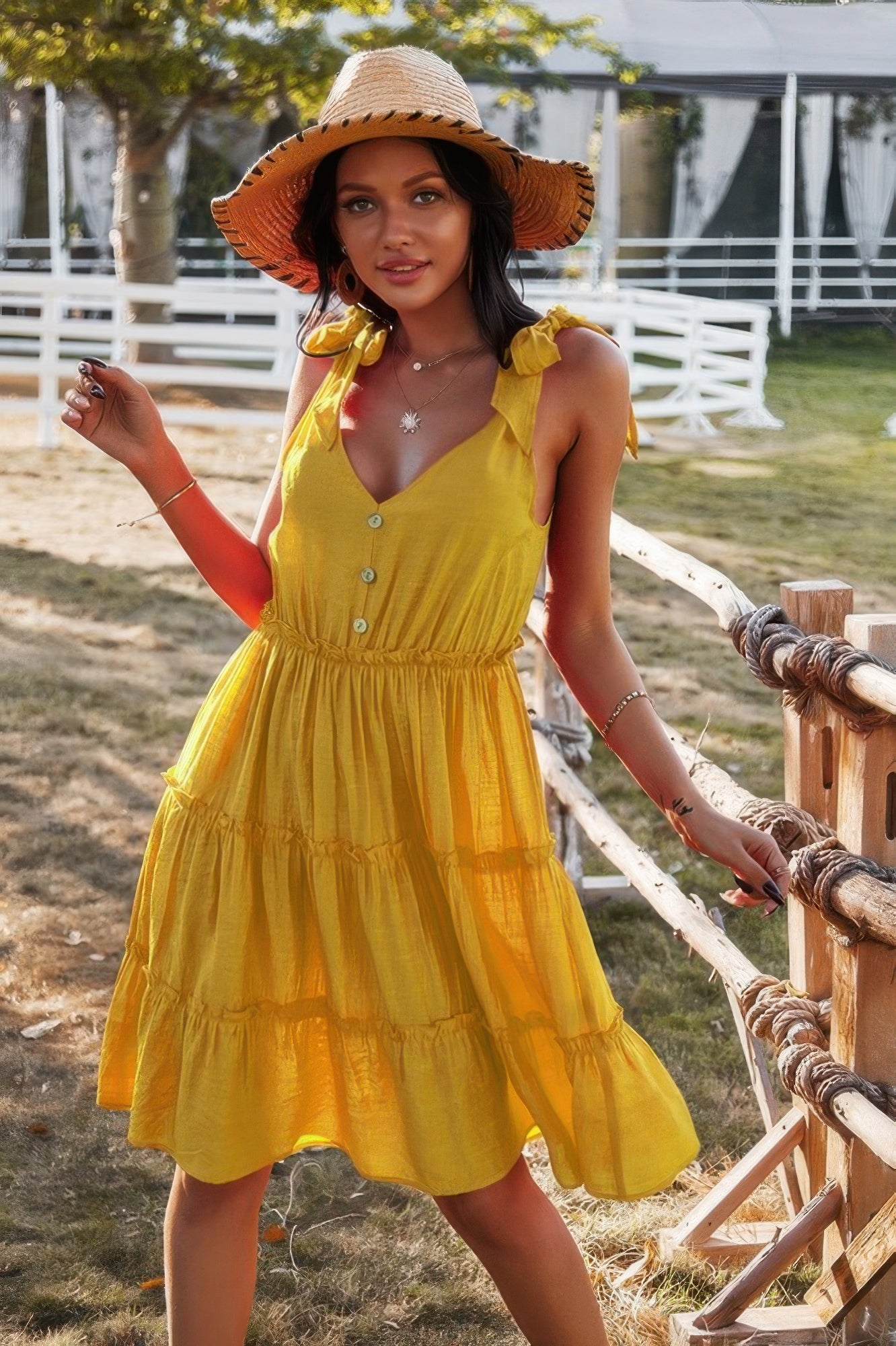 Sleeveless Button Ruffle Dress Swing Pleated Dress - Tigbul's Variety Fashion Shop