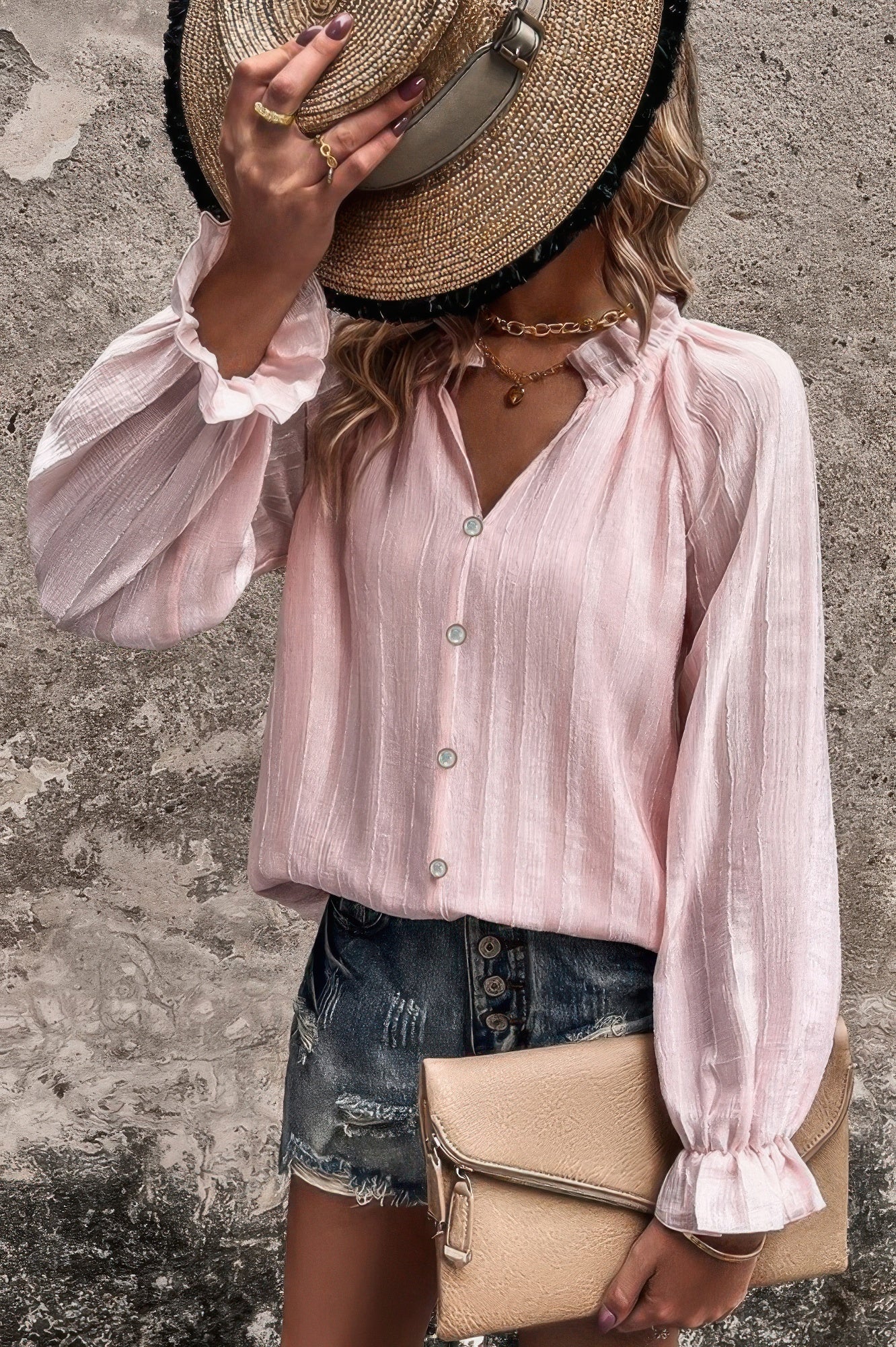 Lapel V Neck Button Down Solid Long Sleeves Shirt - Tigbul's Variety Fashion Shop