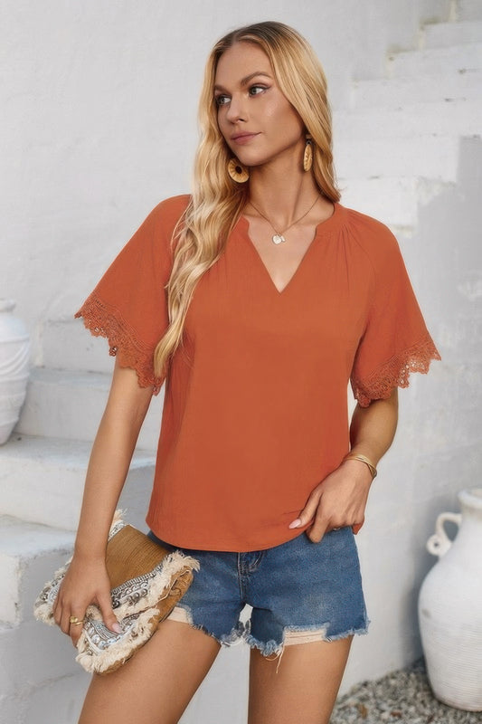 Solid V Neck Lace Hem Butterfly Sleeve Blouse - Tigbul's Variety Fashion Shop
