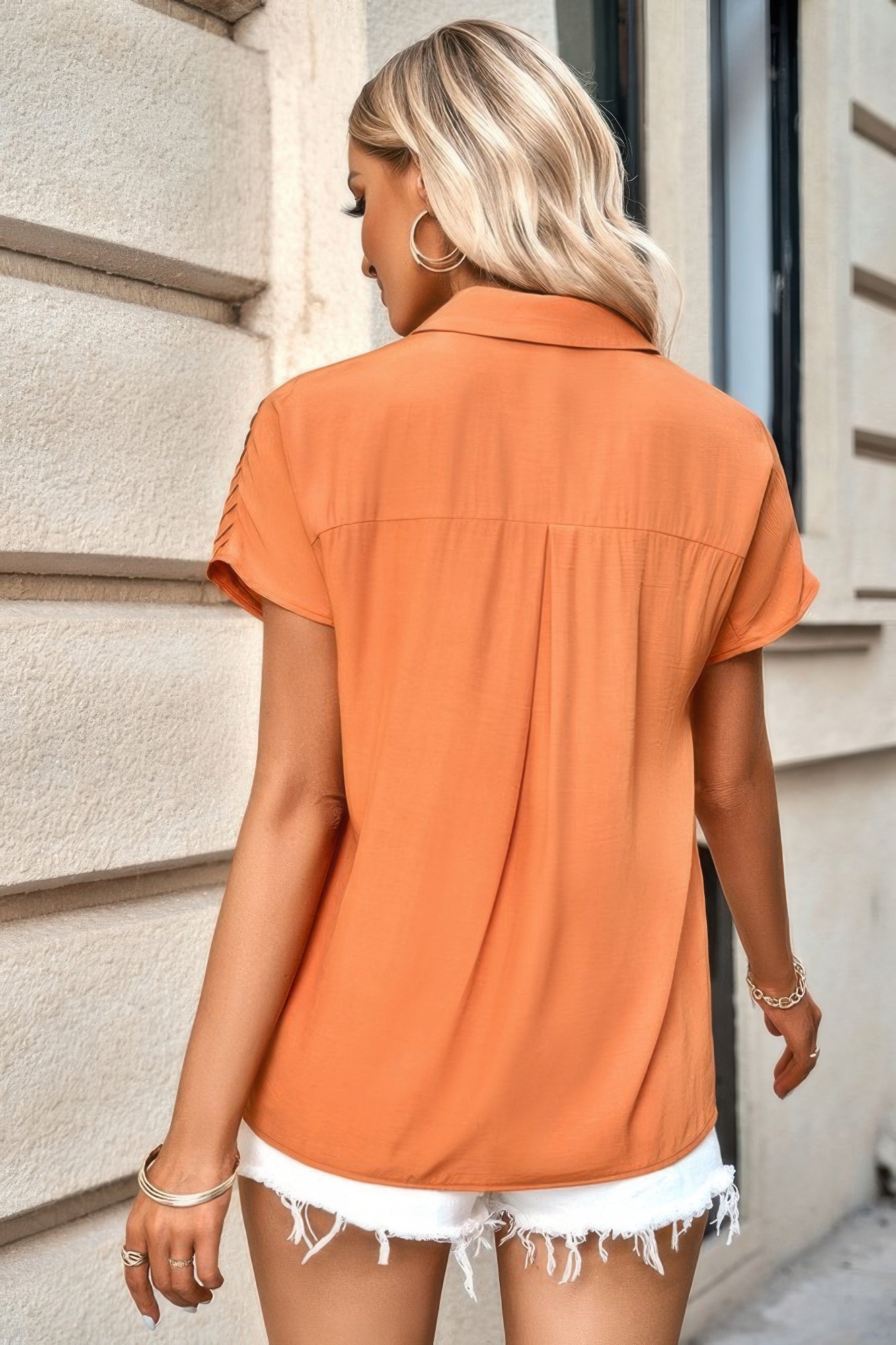 Pleated Solid Short Sleeve Button Down Shirt - Tigbul's Variety Fashion Shop