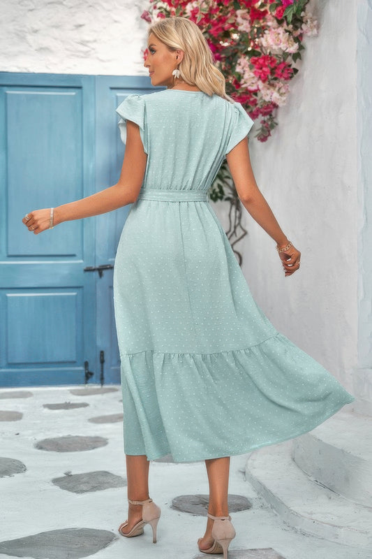Solid Dot V Neck Lace Ruffle Belt Long Dress - Tigbul's Variety Fashion Shop