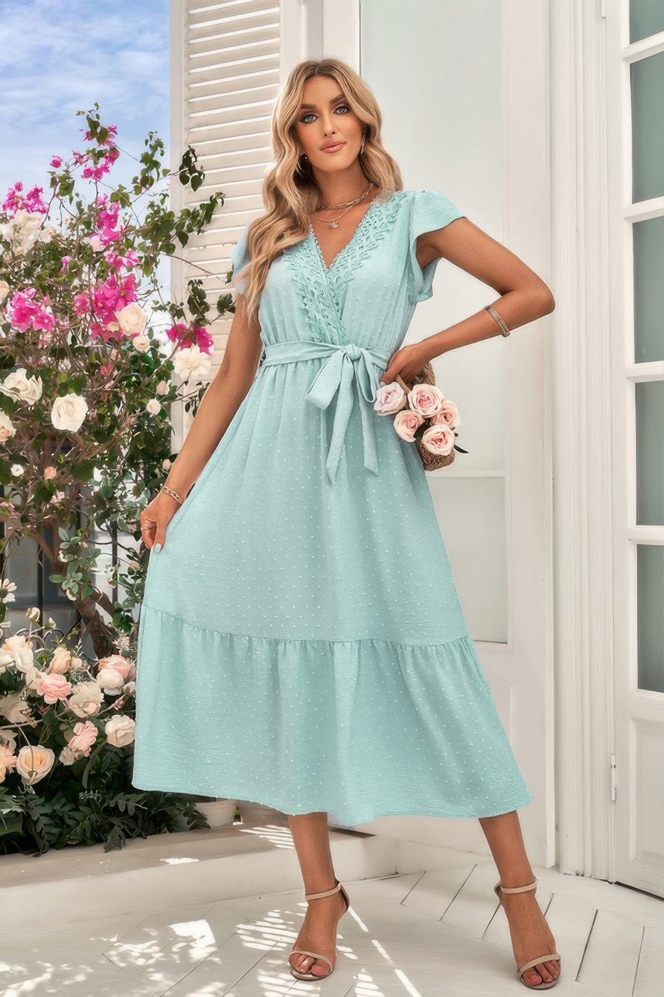 Solid Dot V Neck Lace Ruffle Belt Long Dress - Tigbul's Variety Fashion Shop