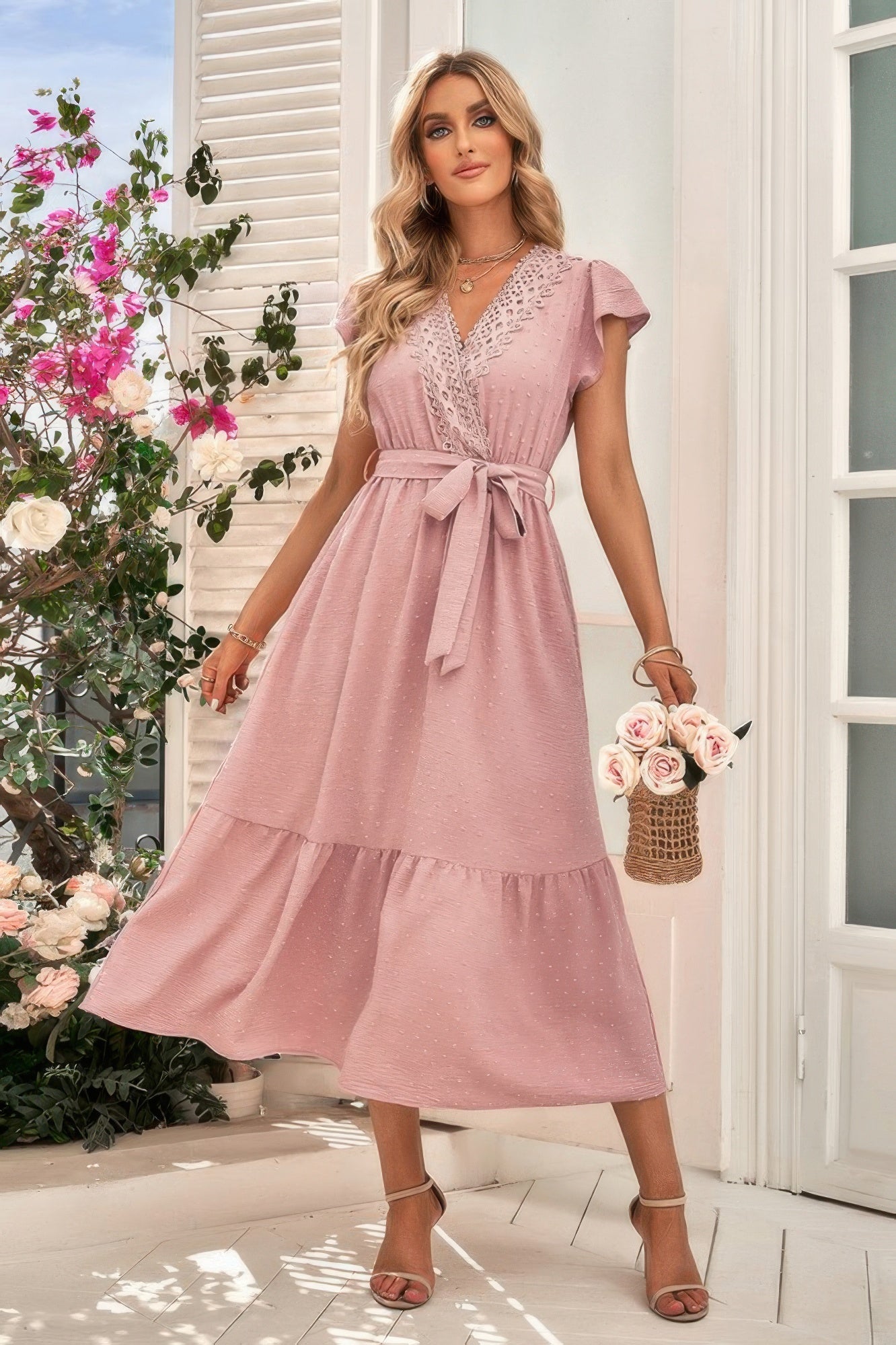 Solid Dot V Neck Lace Ruffle Belt Long Dress - Tigbul's Variety Fashion Shop