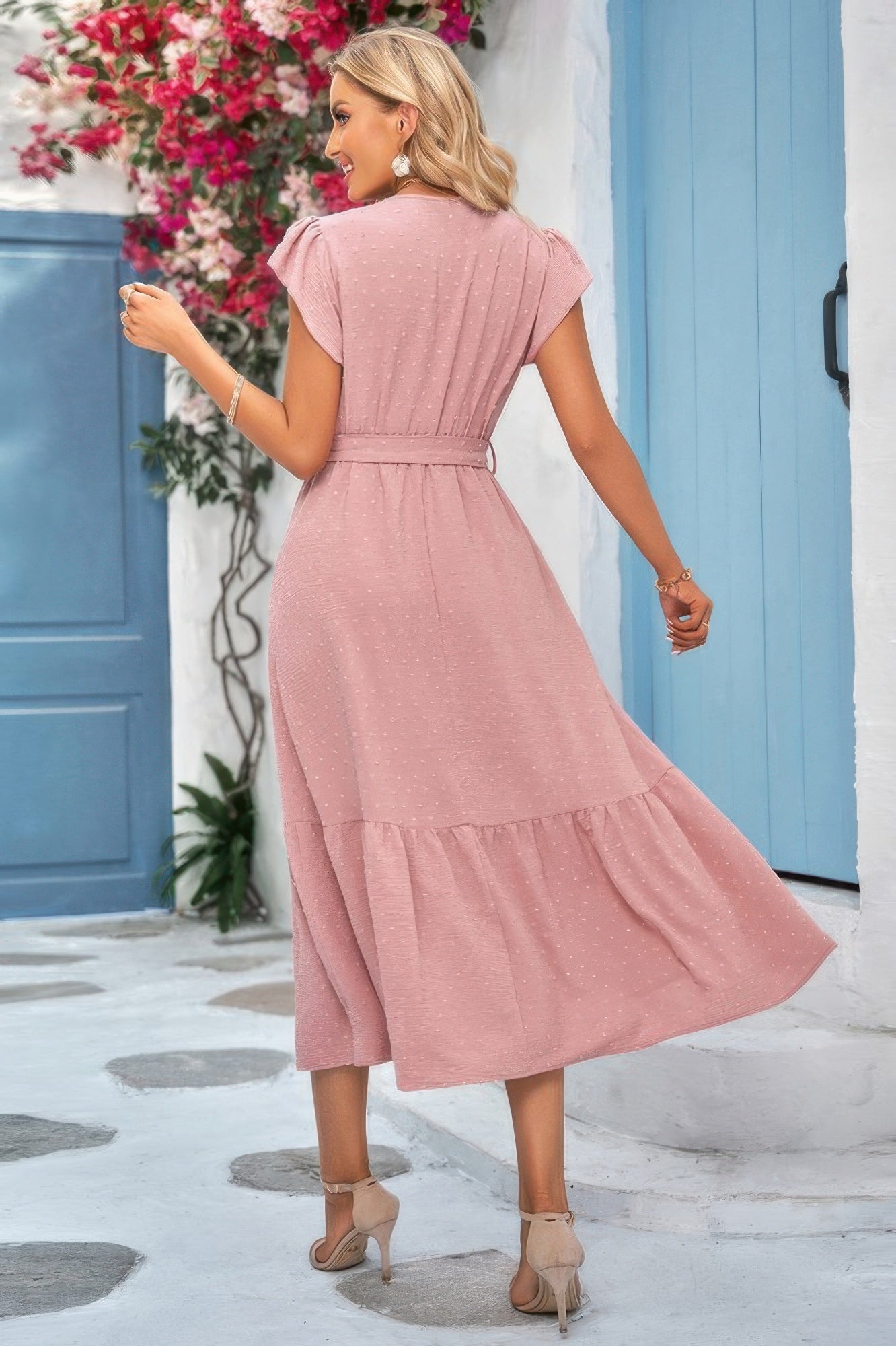 Solid Dot V Neck Lace Ruffle Belt Long Dress - Tigbul's Variety Fashion Shop