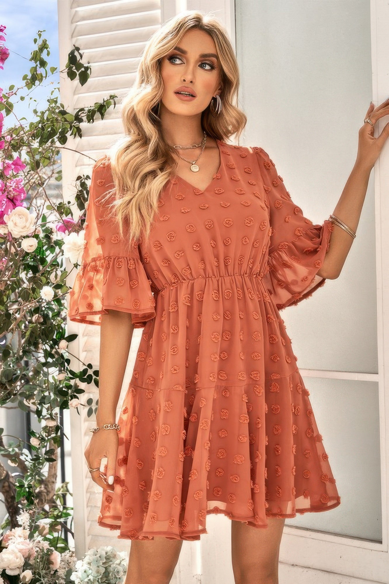 Solid Swiss Dot Flare Sleeve V Neck Dress - Tigbul's Variety Fashion Shop