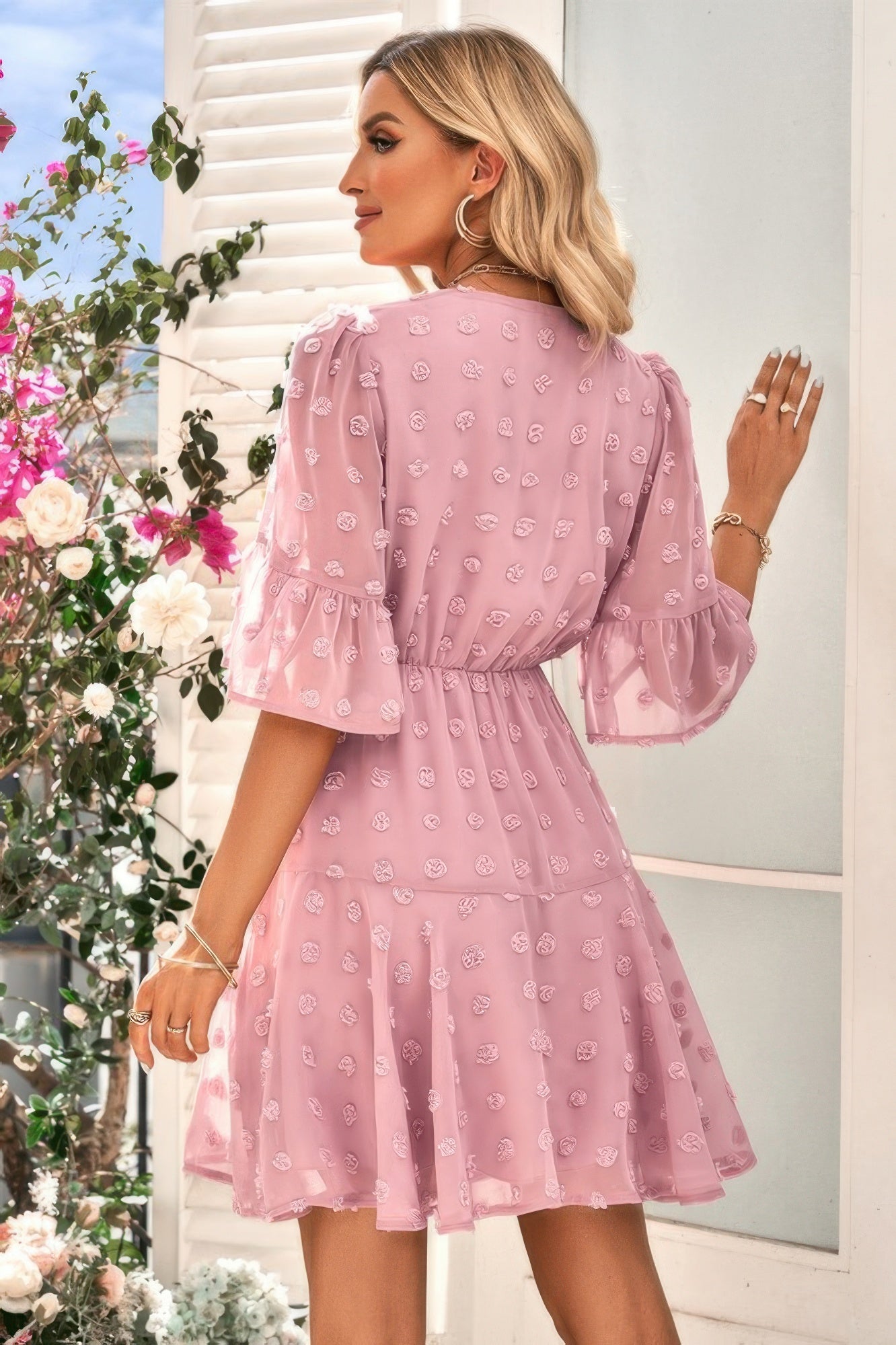 Solid Swiss Dot Flare Sleeve V Neck Dress - Tigbul's Variety Fashion Shop