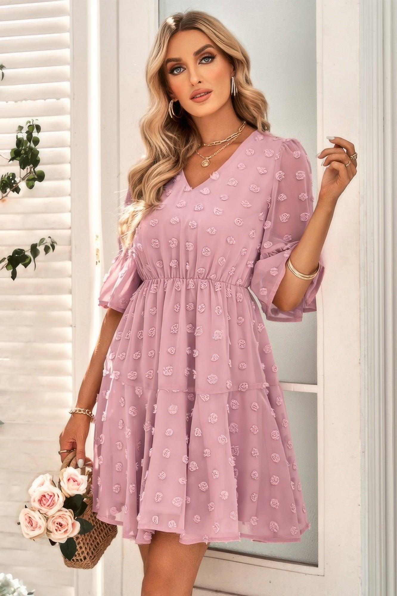 Solid Swiss Dot Flare Sleeve V Neck Dress - Tigbul's Variety Fashion Shop