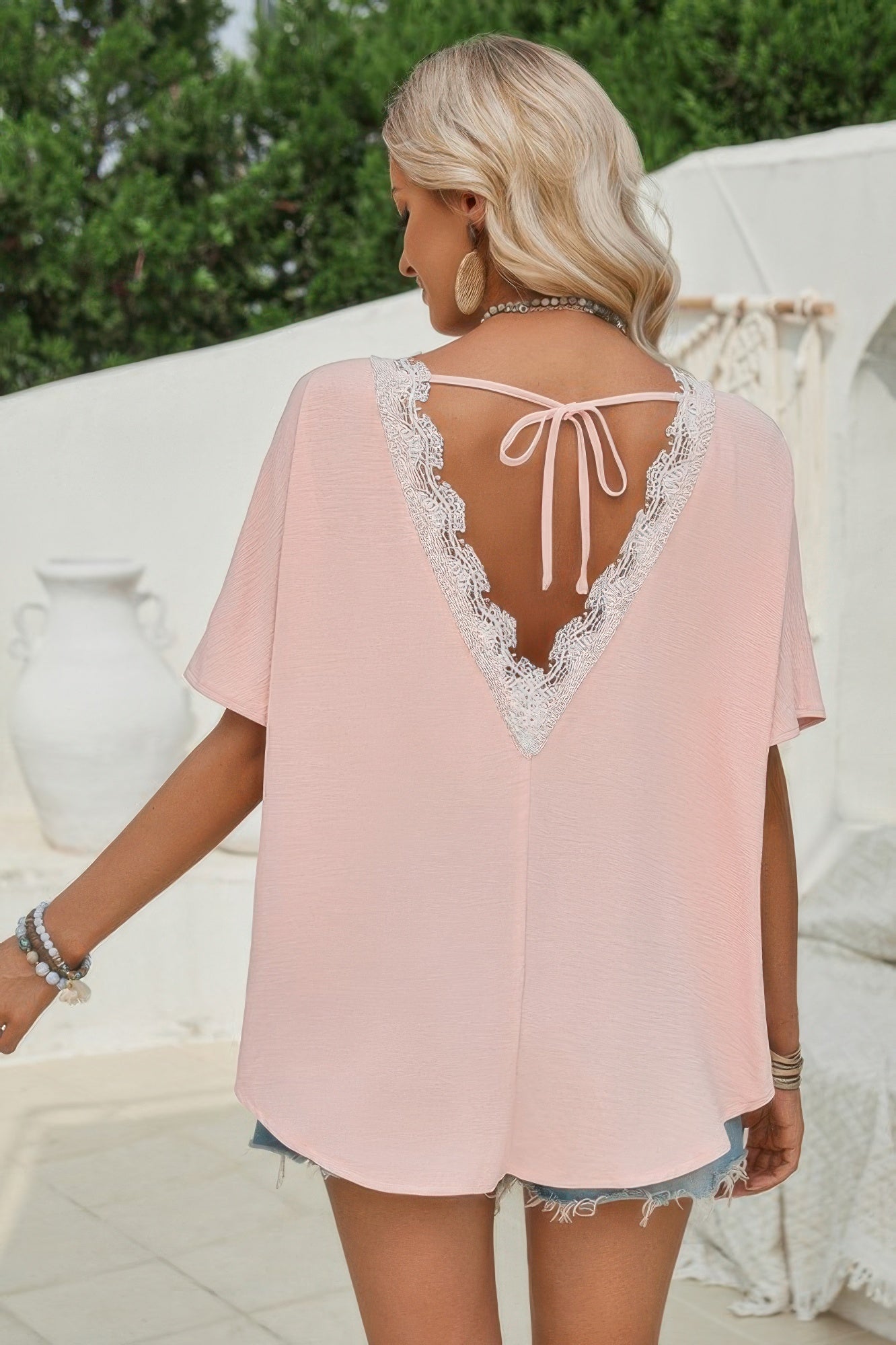 Knot Back Open Back Lace Trim Solid Loose Fit Top - Tigbul's Variety Fashion Shop