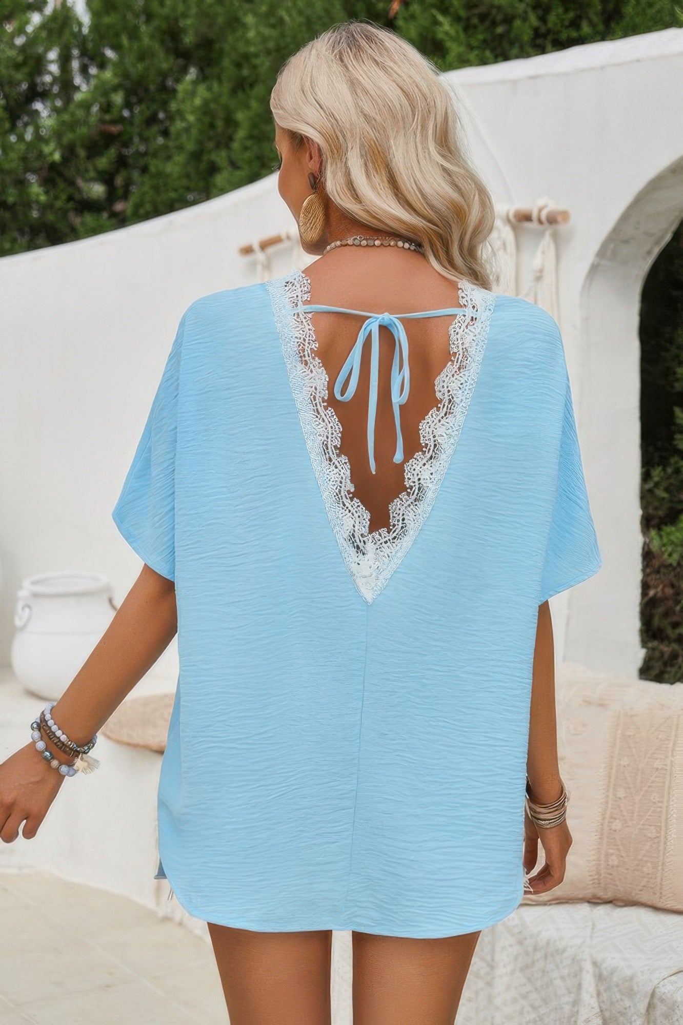 Knot Back Open Back Lace Trim Solid Loose Fit Top - Tigbul's Variety Fashion Shop