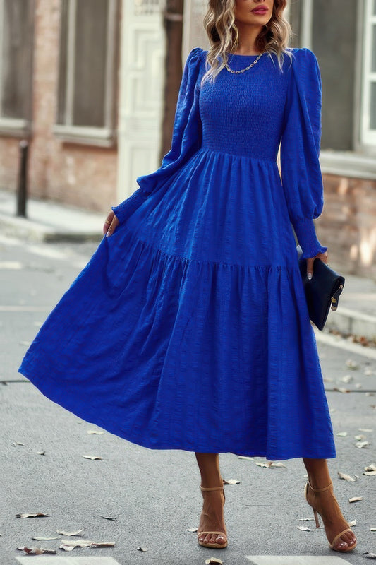 Solid Round Neck Puff Long Sleeve Midi Dress - Tigbul's Variety Fashion Shop