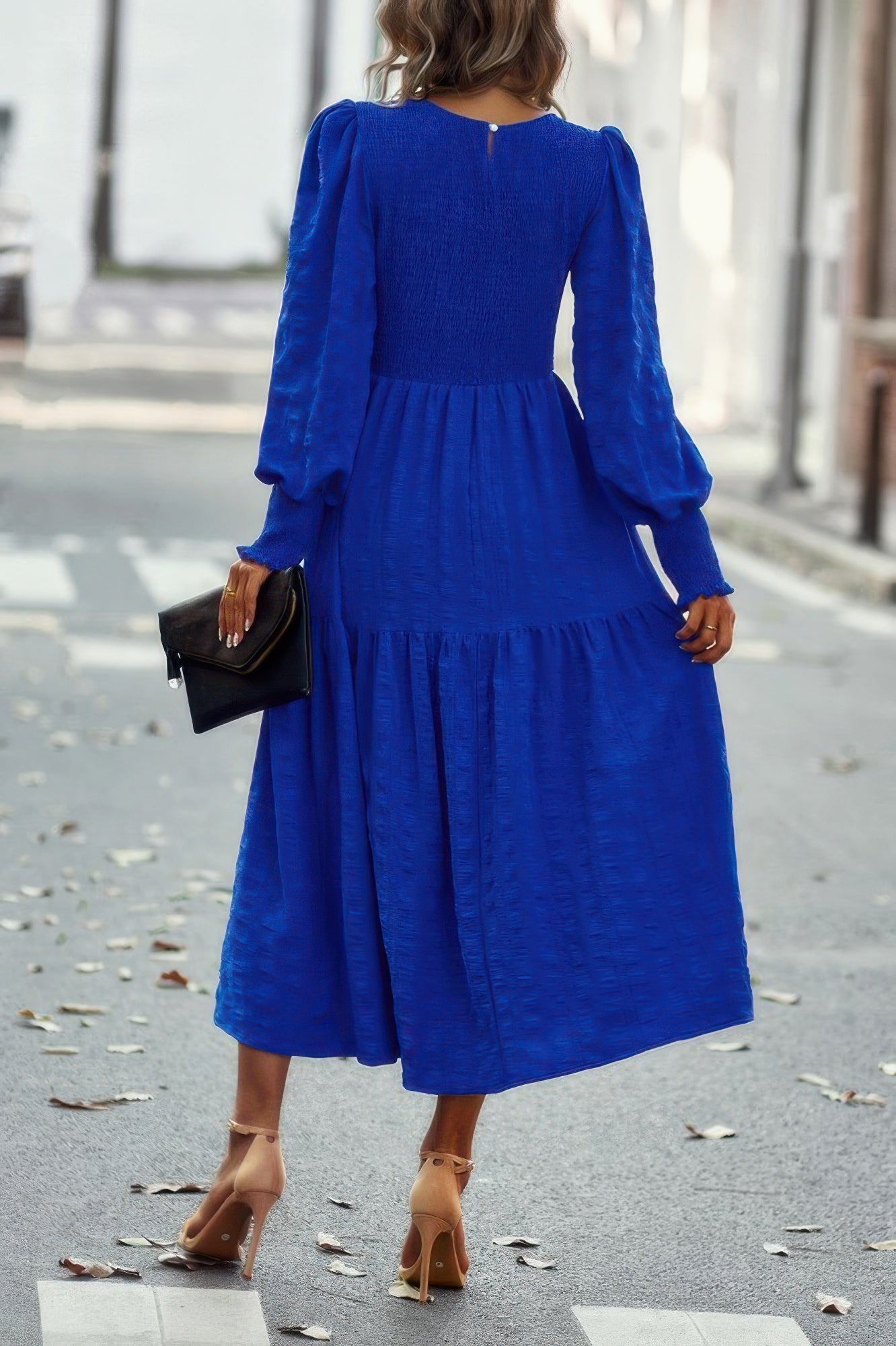 Solid Round Neck Puff Long Sleeve Midi Dress - Tigbul's Variety Fashion Shop