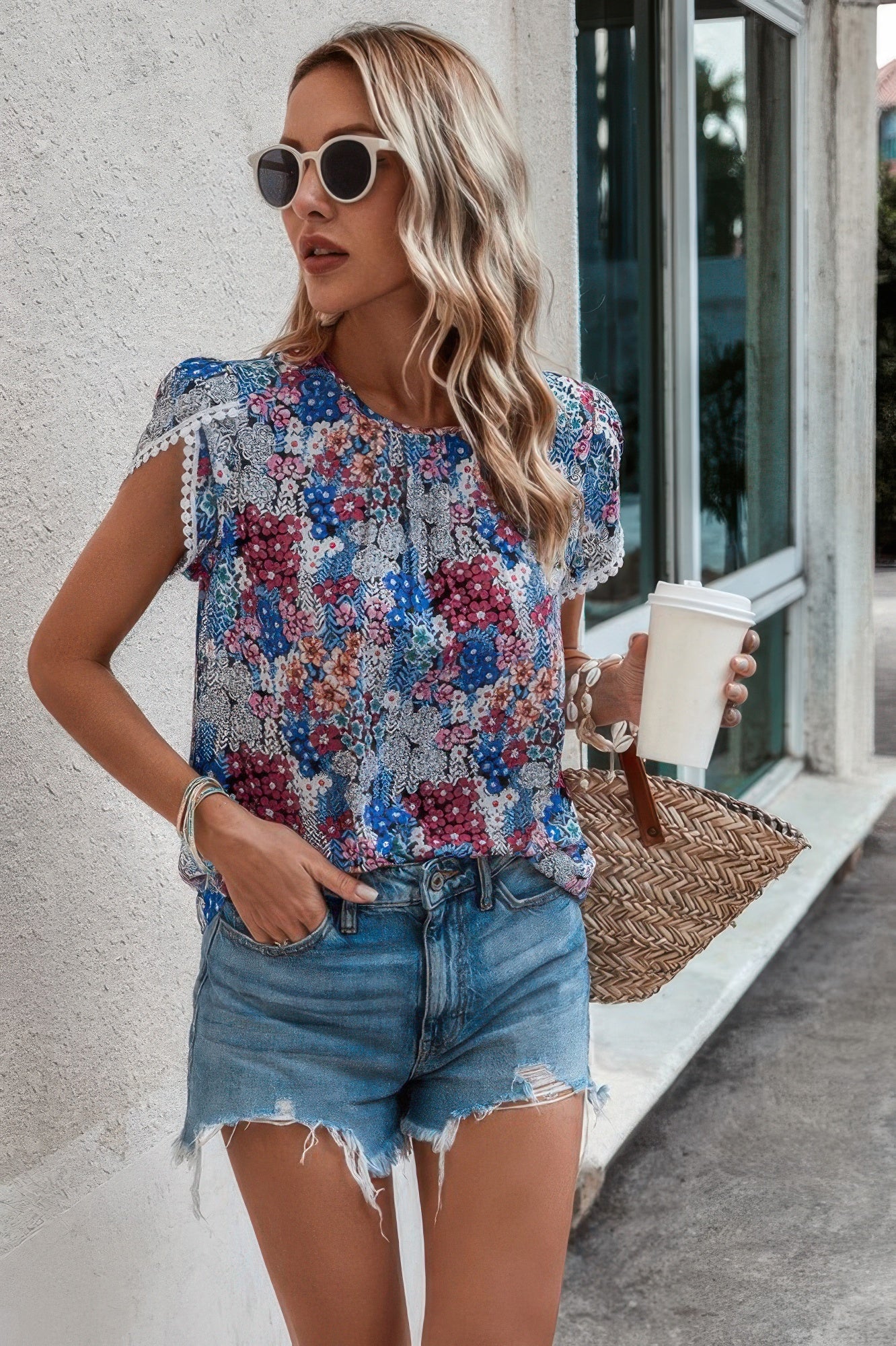 Floral Round Neck Lace Trimmed Fit Blouse - Tigbul's Variety Fashion Shop