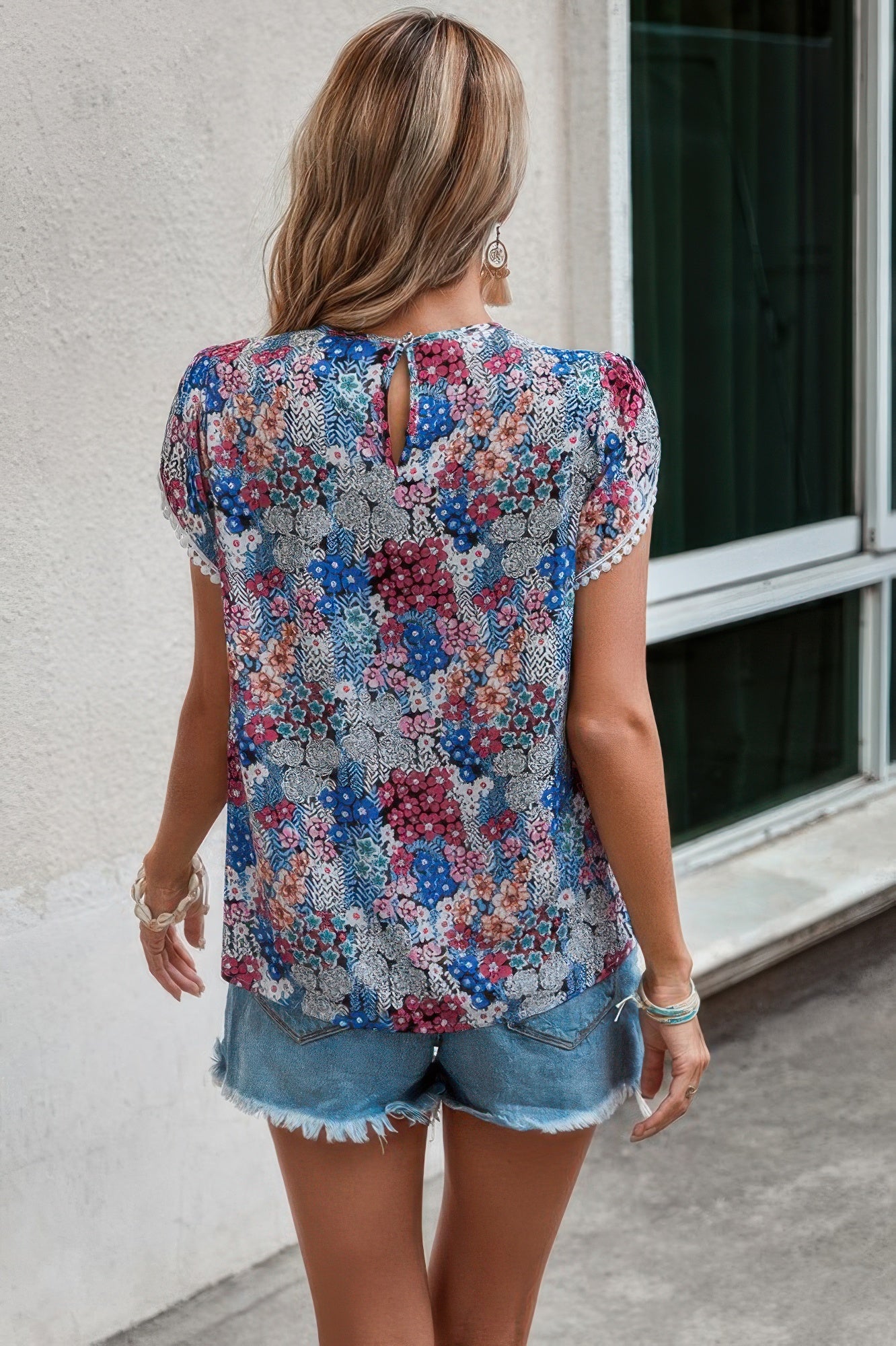 Floral Round Neck Lace Trimmed Fit Blouse - Tigbul's Variety Fashion Shop