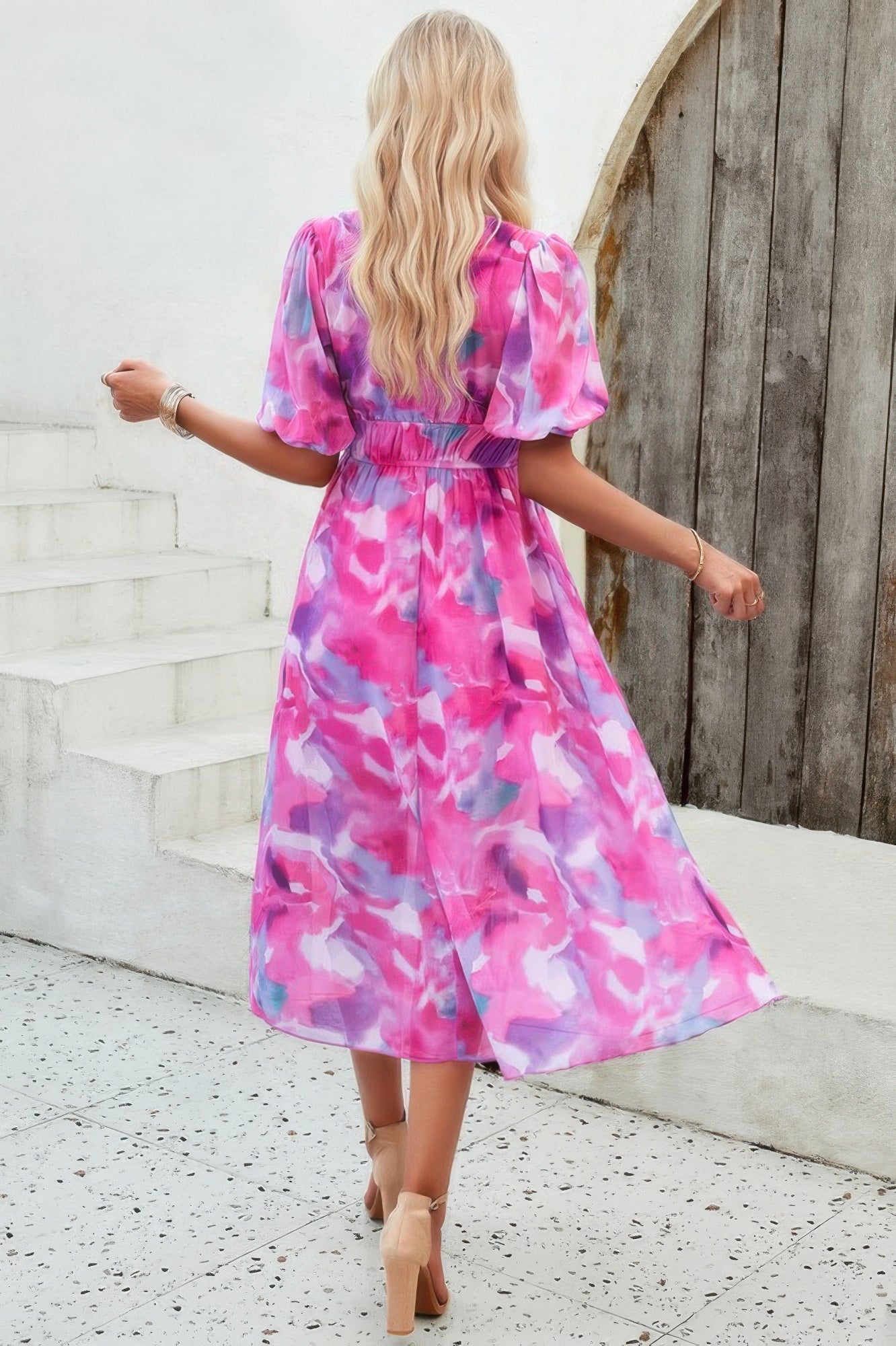 Floral V Neck Puffed Sleeve High Waist Dress - Tigbul's Variety Fashion Shop
