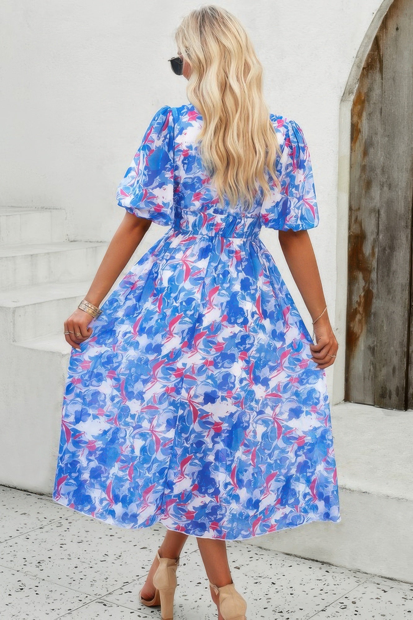 Floral V Neck Puffed Sleeve High Waist Dress - Tigbul's Variety Fashion Shop