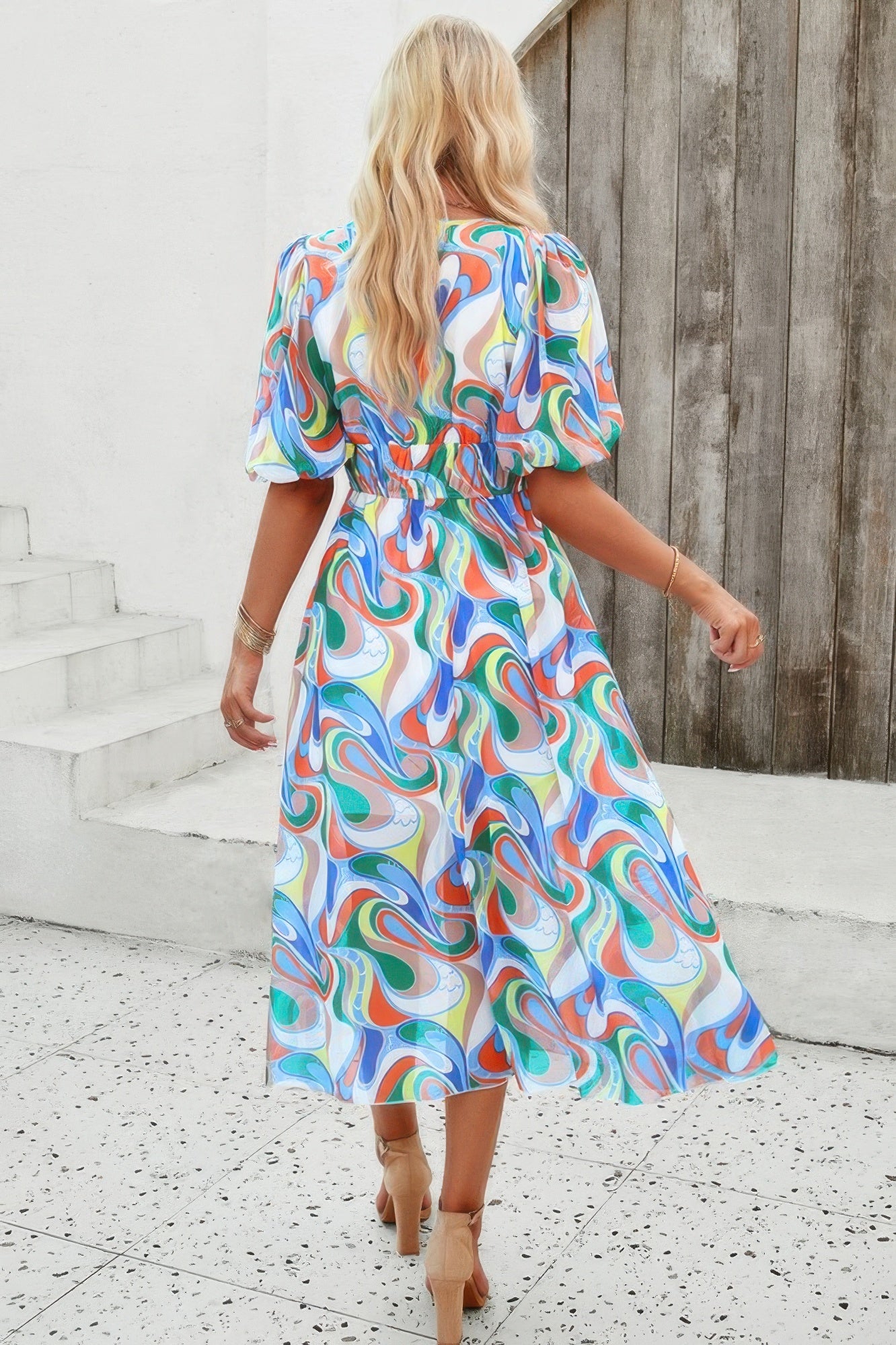 Floral V Neck Puffed Sleeve High Waist Dress - Tigbul's Variety Fashion Shop
