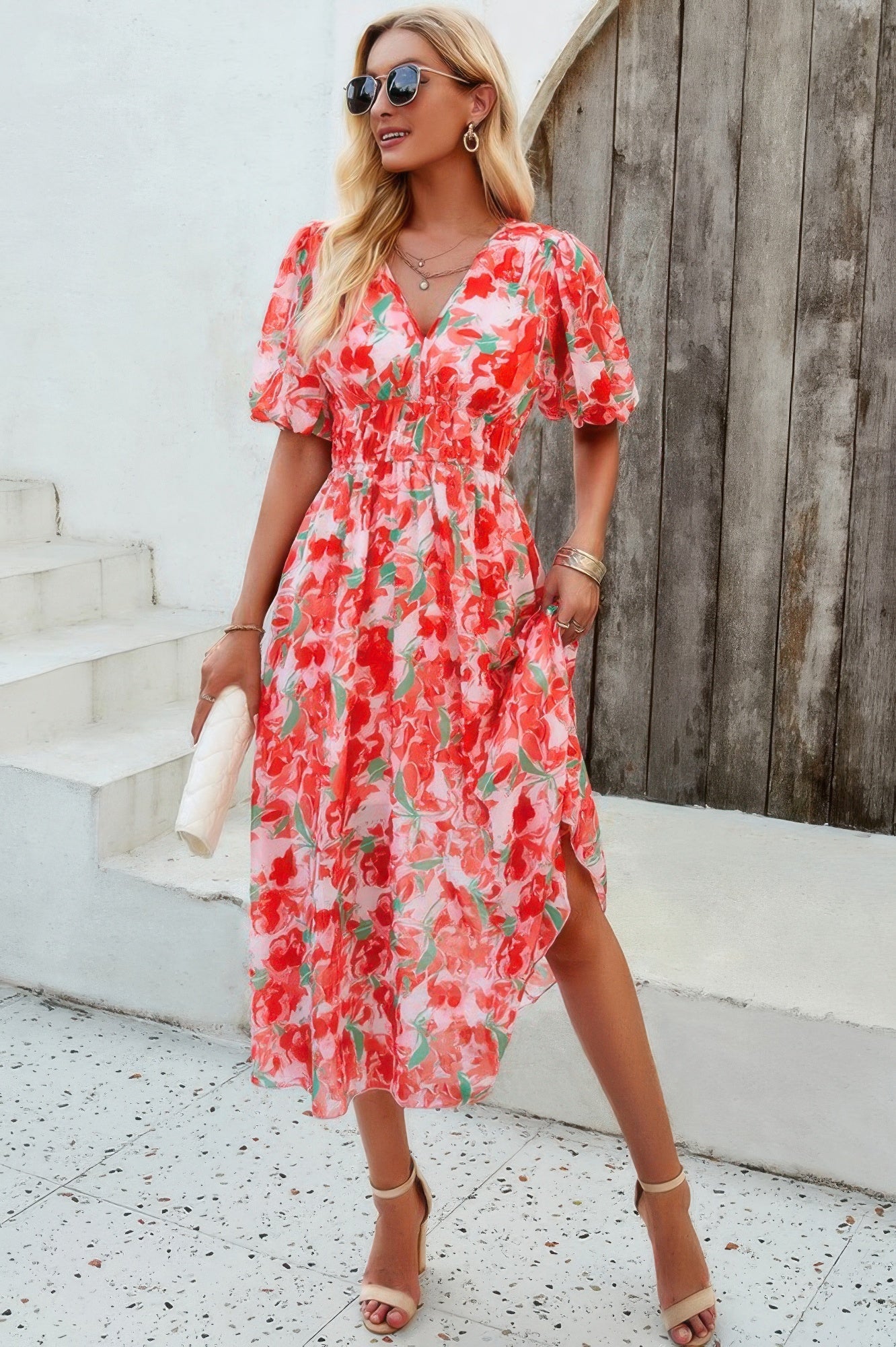 Floral V Neck Puffed Sleeve High Waist Dress - Tigbul's Variety Fashion Shop