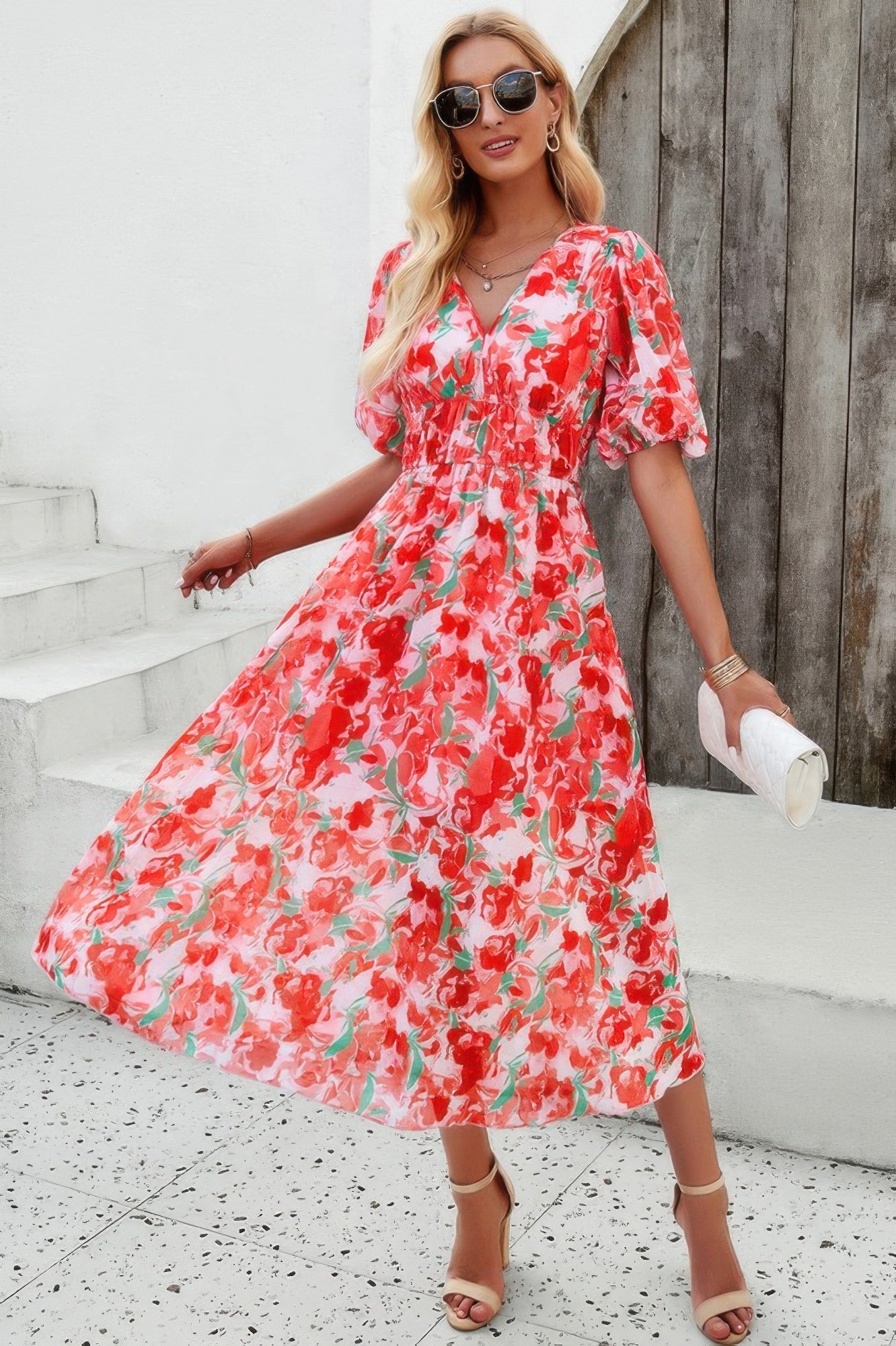 Floral V Neck Puffed Sleeve High Waist Dress - Tigbul's Variety Fashion Shop