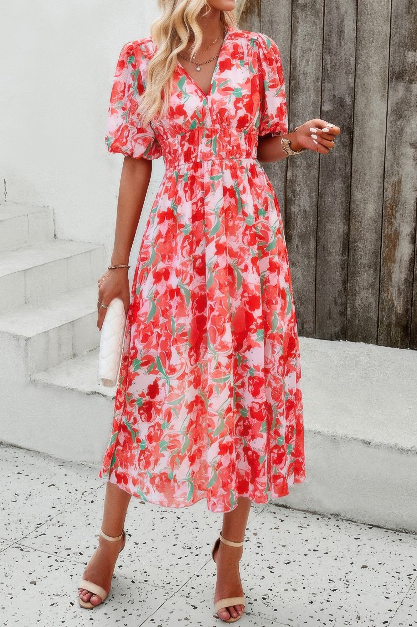 Floral V Neck Puffed Sleeve High Waist Dress - Tigbul's Variety Fashion Shop