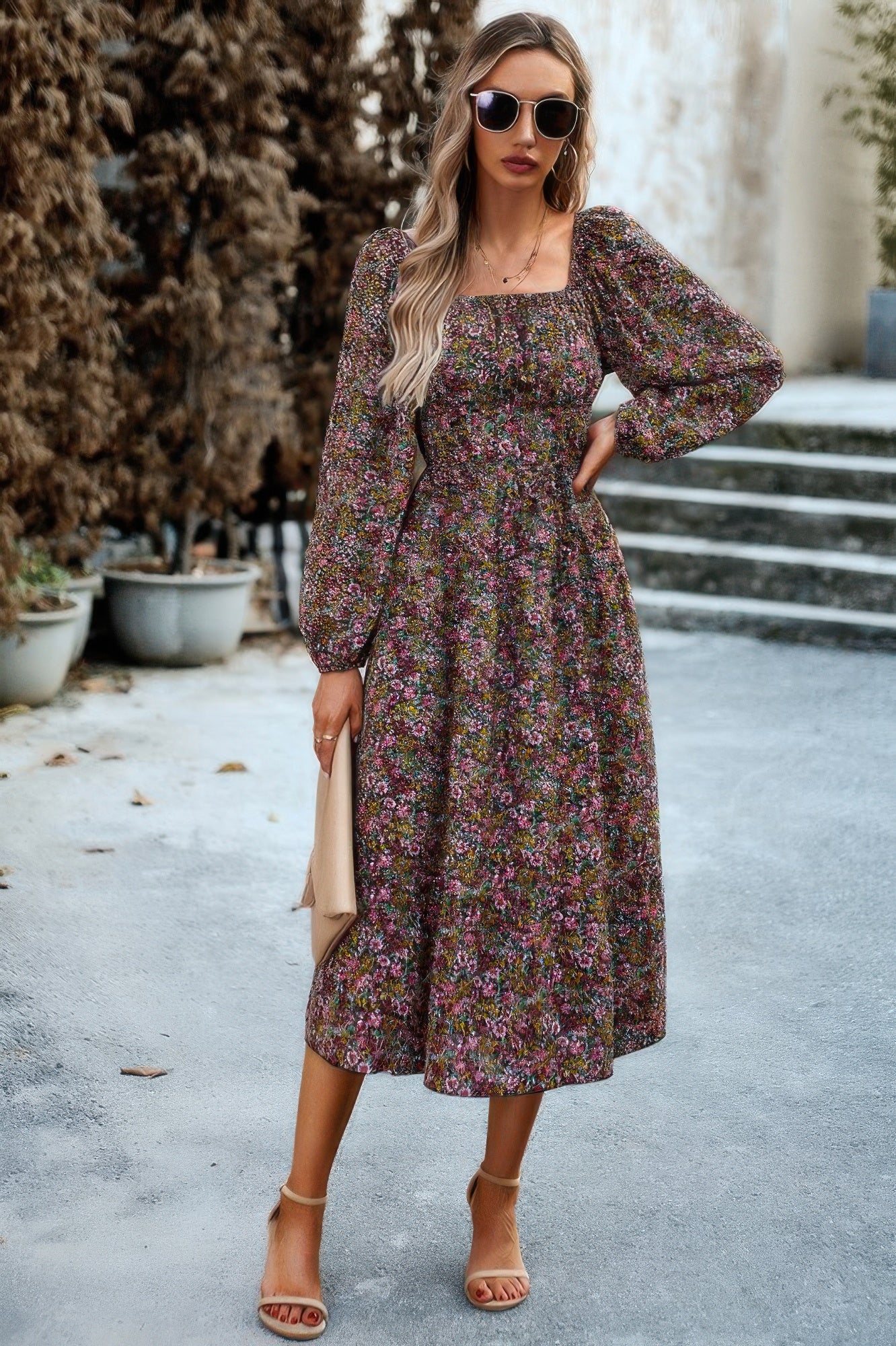 Floral High Elastic Waist Square Neck Pocket Dress - Tigbul's Variety Fashion Shop