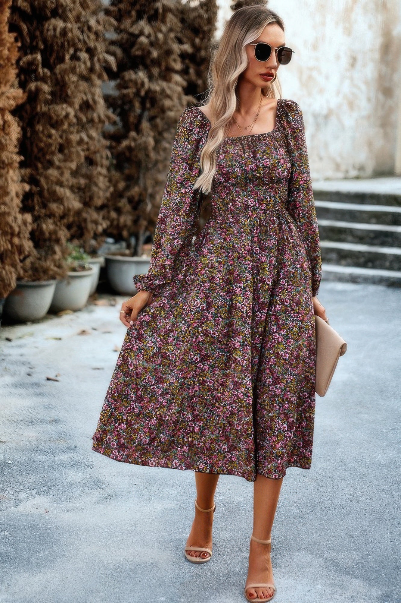 Floral High Elastic Waist Square Neck Pocket Dress - Tigbul's Variety Fashion Shop