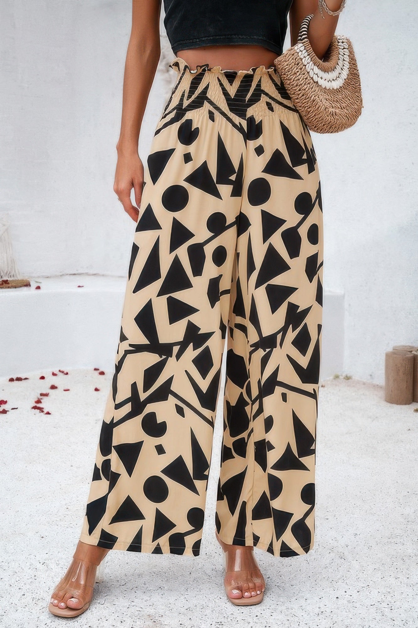 Allover Print Folded Frill Wide Leg High Waist Pant - Tigbul's Variety Fashion Shop