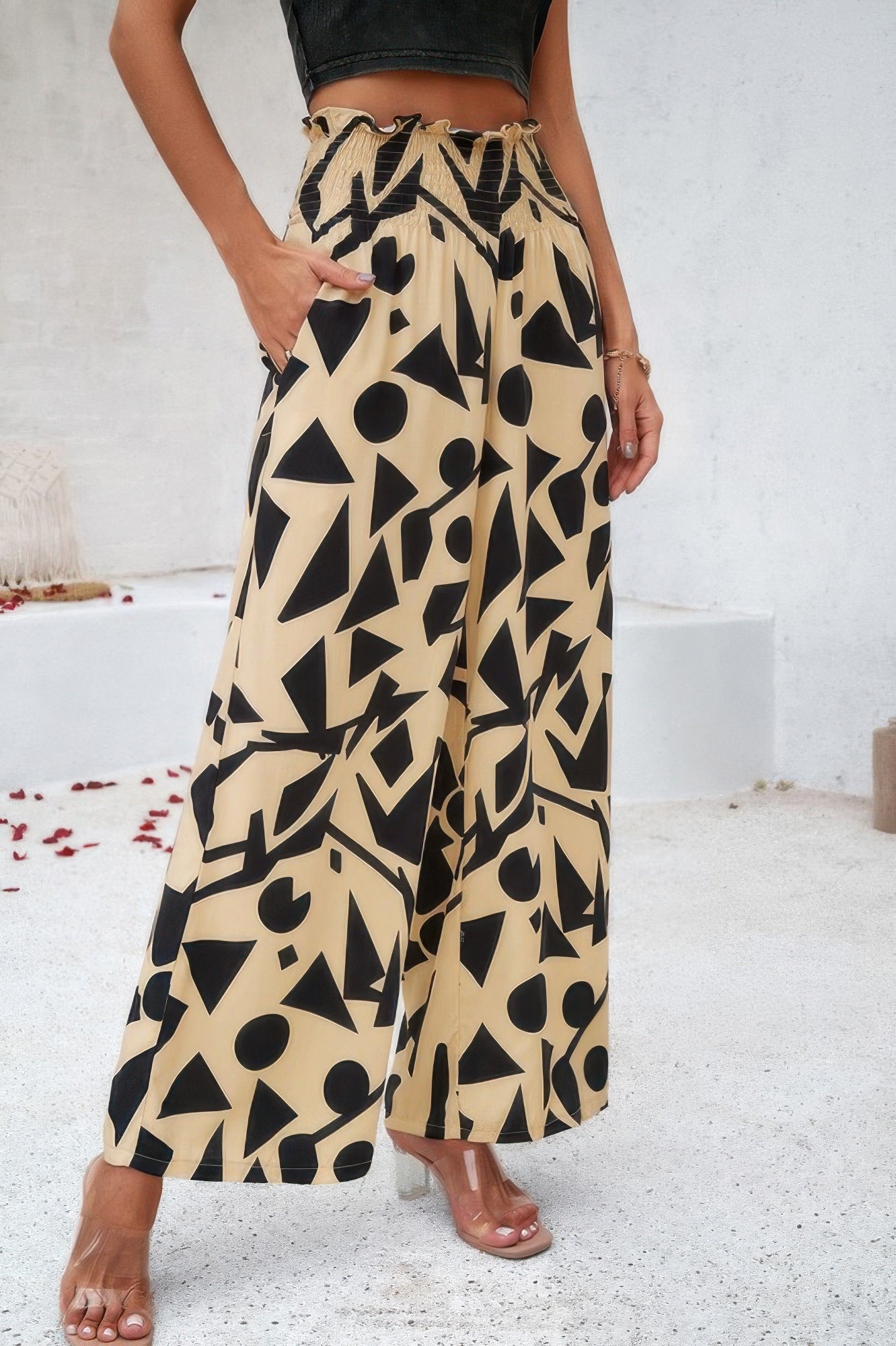 Allover Print Folded Frill Wide Leg High Waist Pant - Tigbul's Variety Fashion Shop