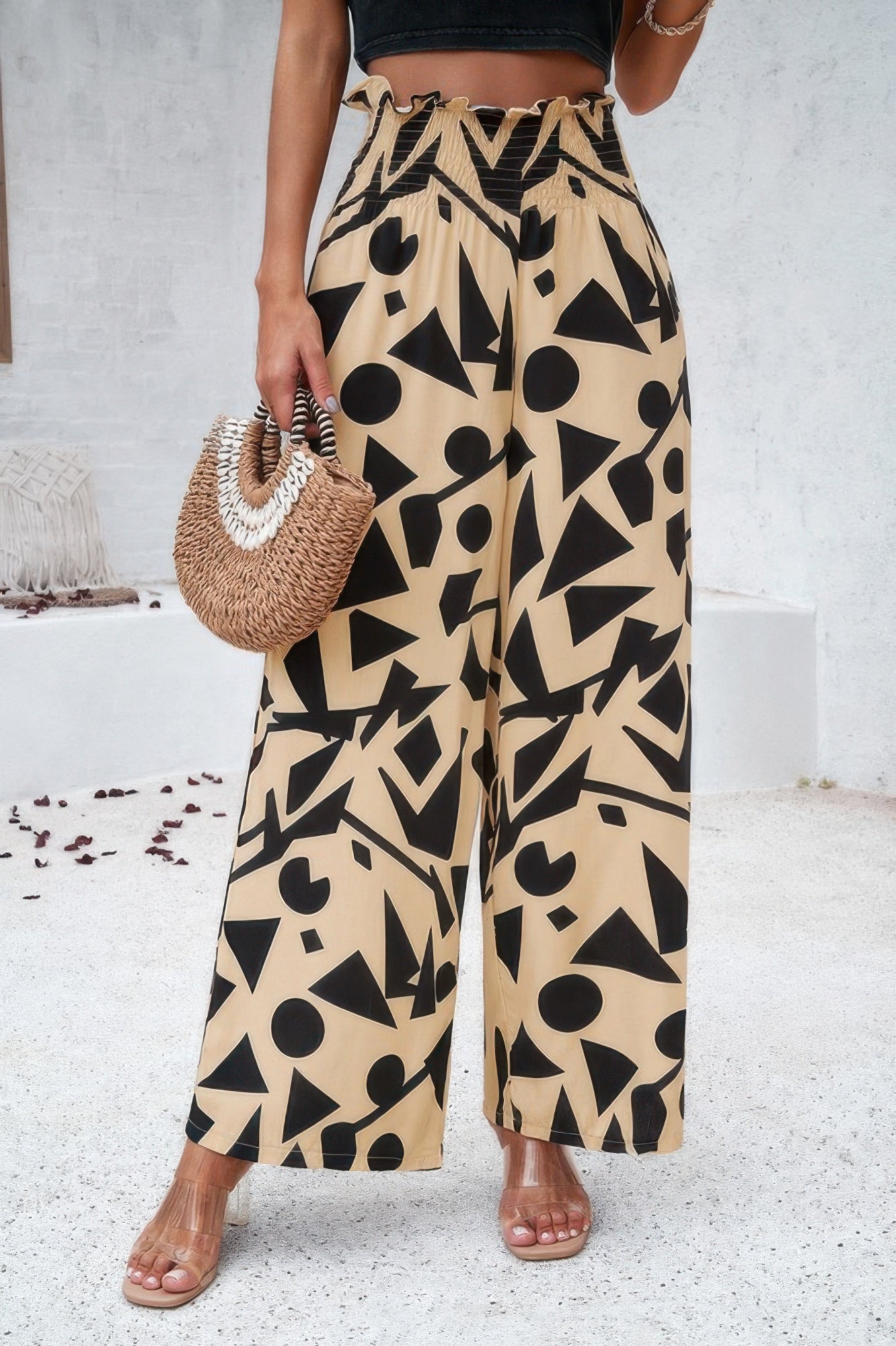 Allover Print Folded Frill Wide Leg High Waist Pant - Tigbul's Variety Fashion Shop
