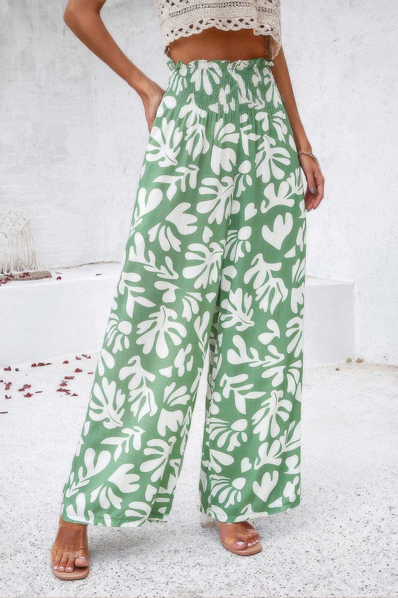 Allover Print Folded Frill Wide Leg High Waist Pant - Tigbul's Variety Fashion Shop