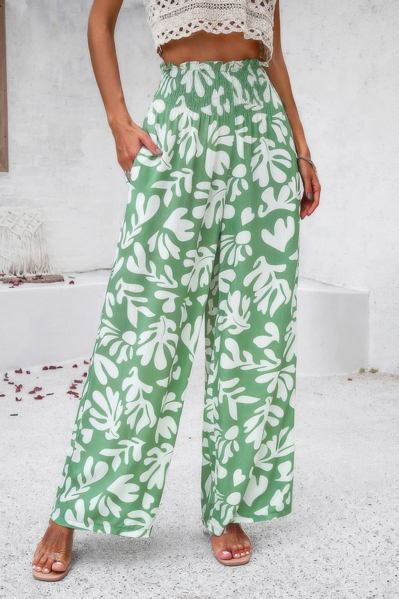 Allover Print Folded Frill Wide Leg High Waist Pant - Tigbul's Variety Fashion Shop