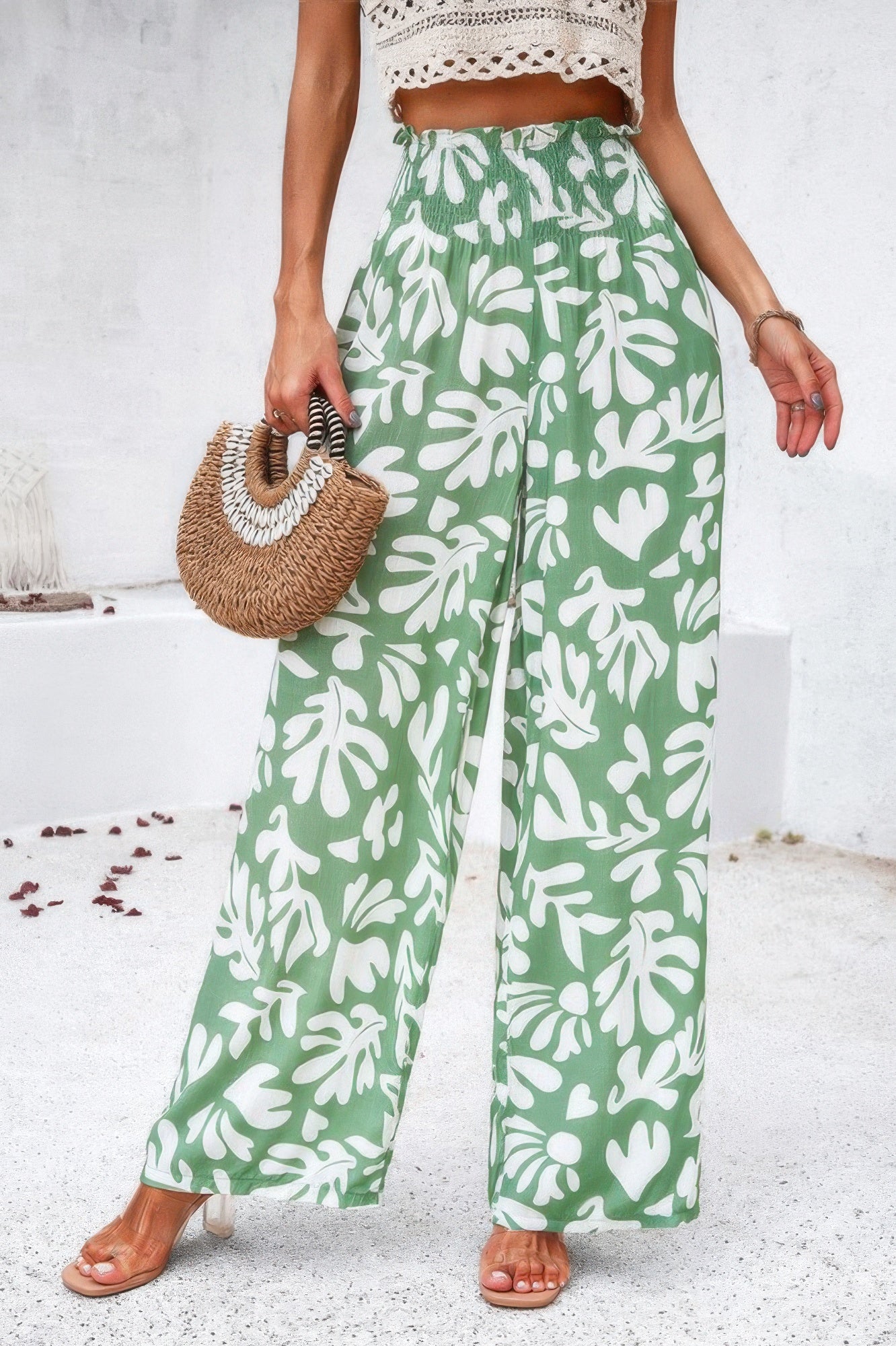 Allover Print Folded Frill Wide Leg High Waist Pant - Tigbul's Variety Fashion Shop