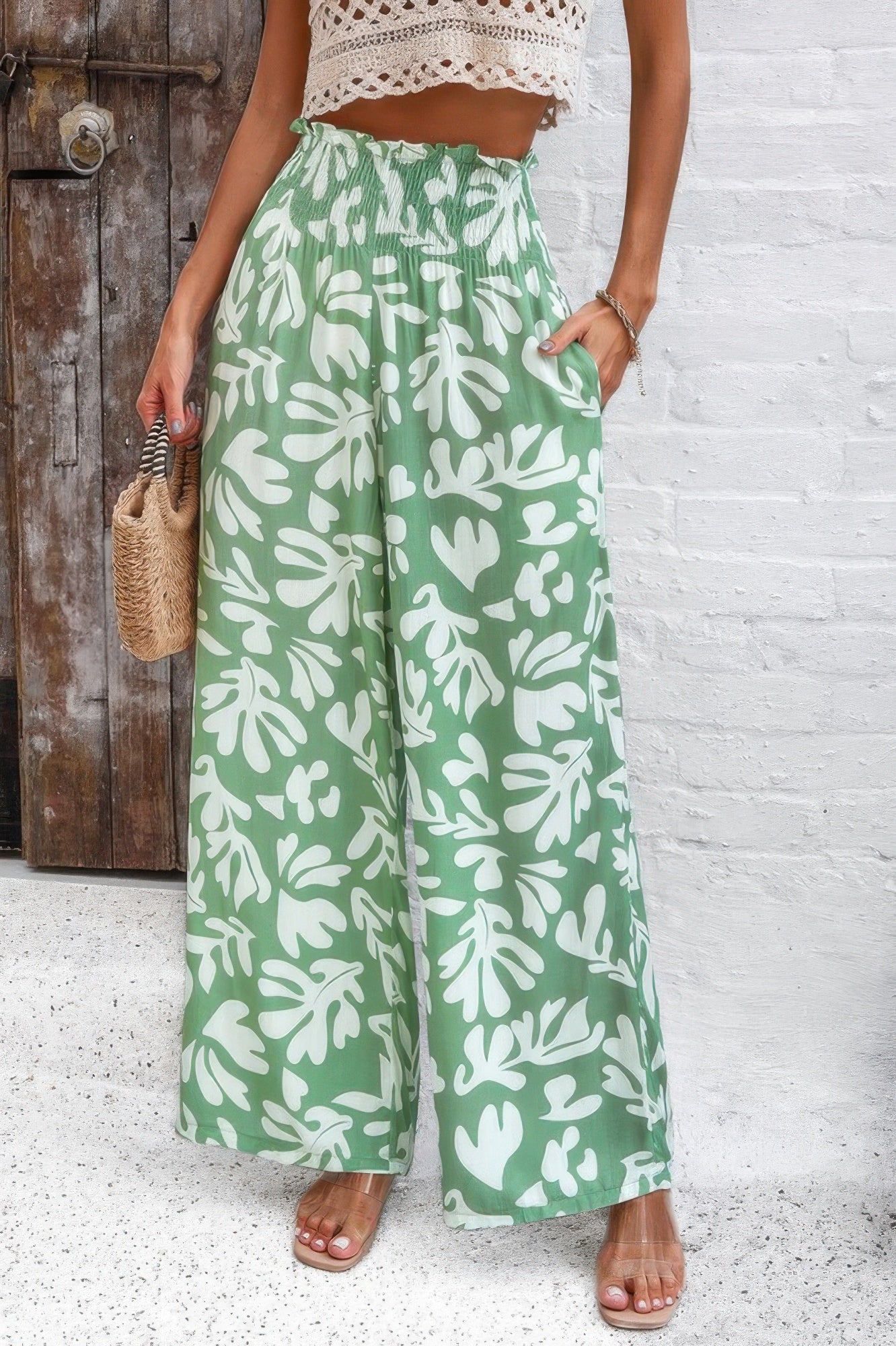 Allover Print Folded Frill Wide Leg High Waist Pant - Tigbul's Variety Fashion Shop