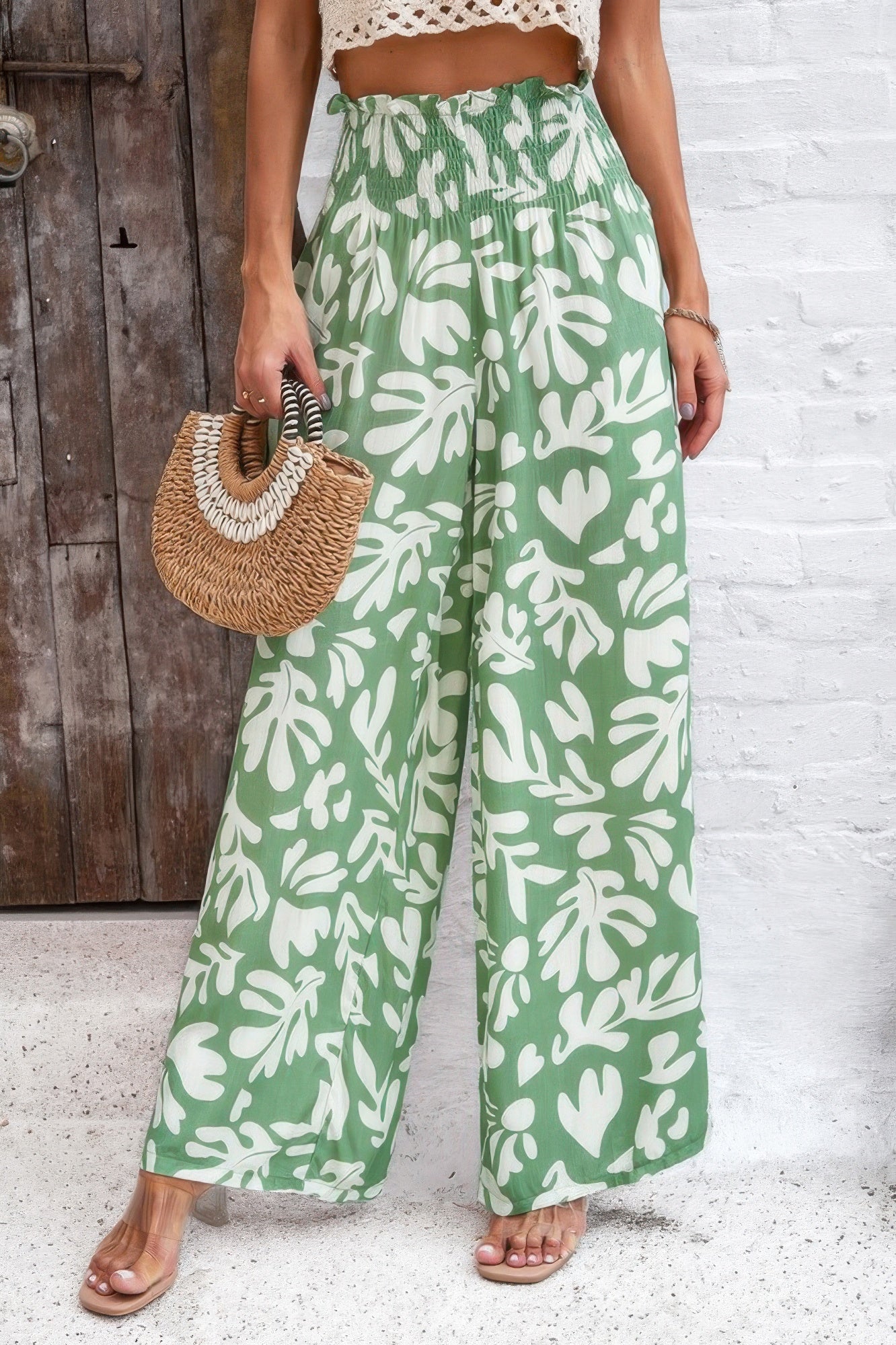Allover Print Folded Frill Wide Leg High Waist Pant - Tigbul's Variety Fashion Shop
