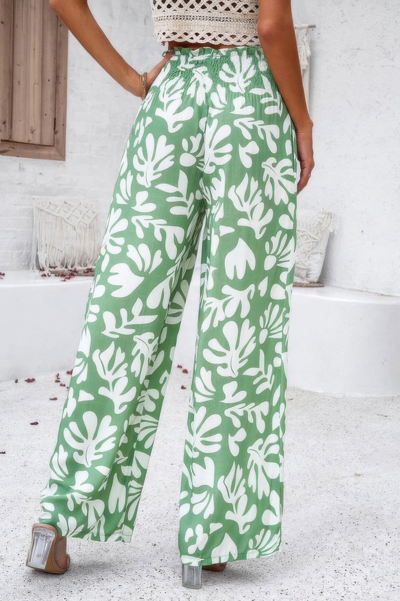 Allover Print Folded Frill Wide Leg High Waist Pant - Tigbul's Variety Fashion Shop