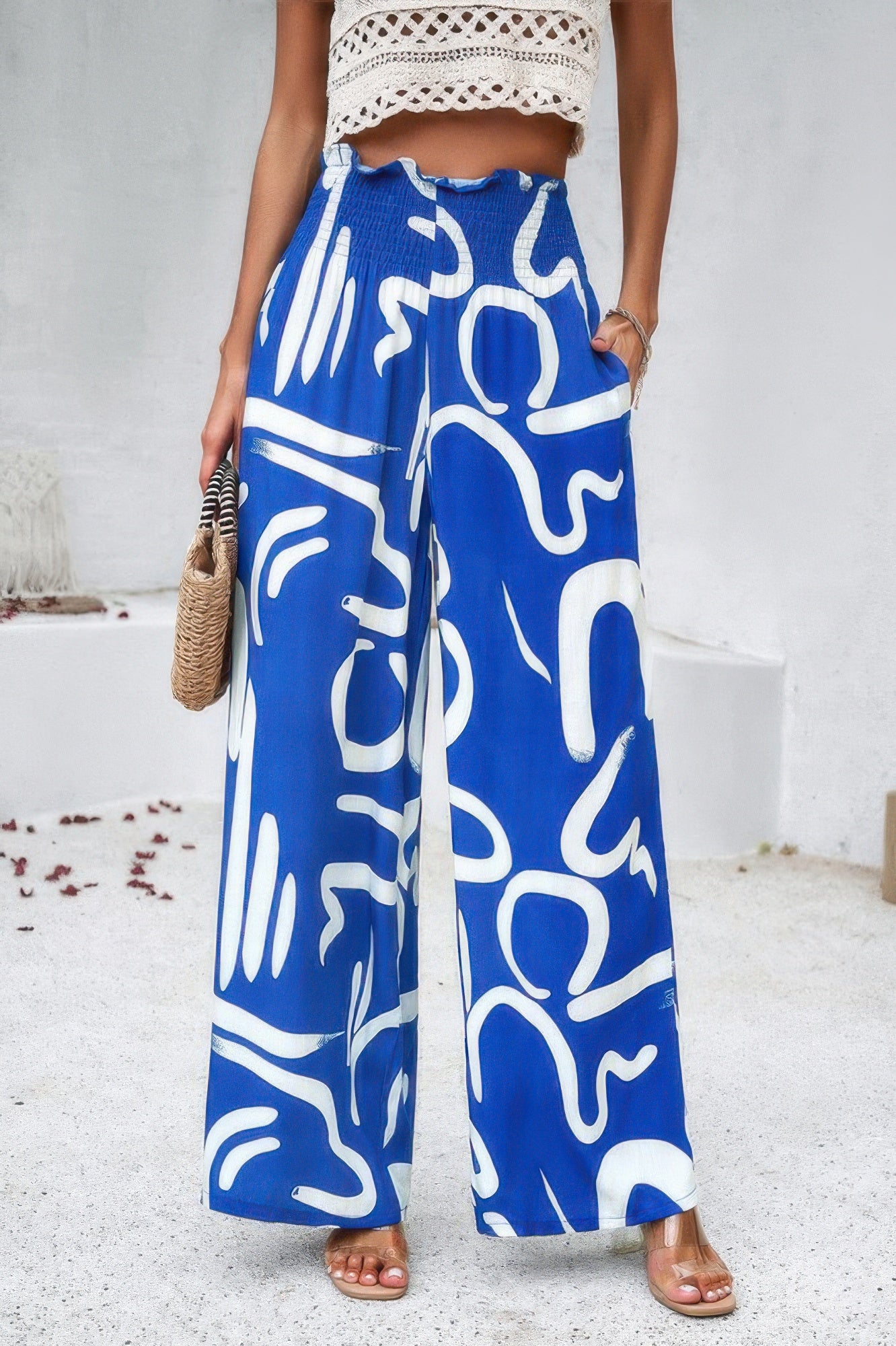 Allover Print Folded Frill Wide Leg High Waist Pant - Tigbul's Variety Fashion Shop