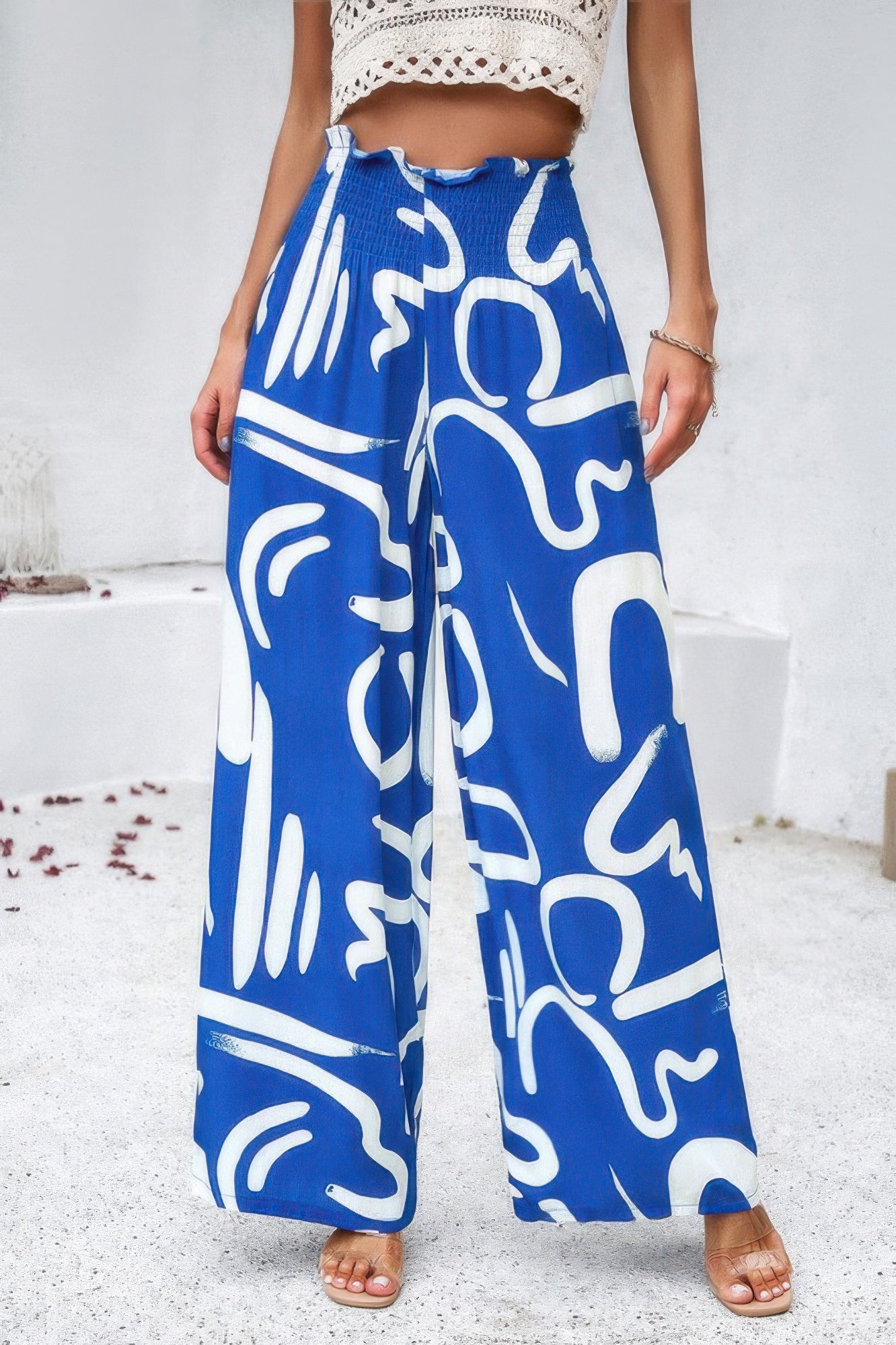 Allover Print Folded Frill Wide Leg High Waist Pant - Tigbul's Variety Fashion Shop