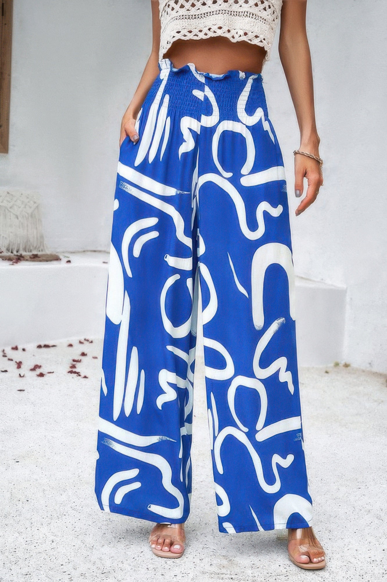 Allover Print Folded Frill Wide Leg High Waist Pant - Tigbul's Variety Fashion Shop