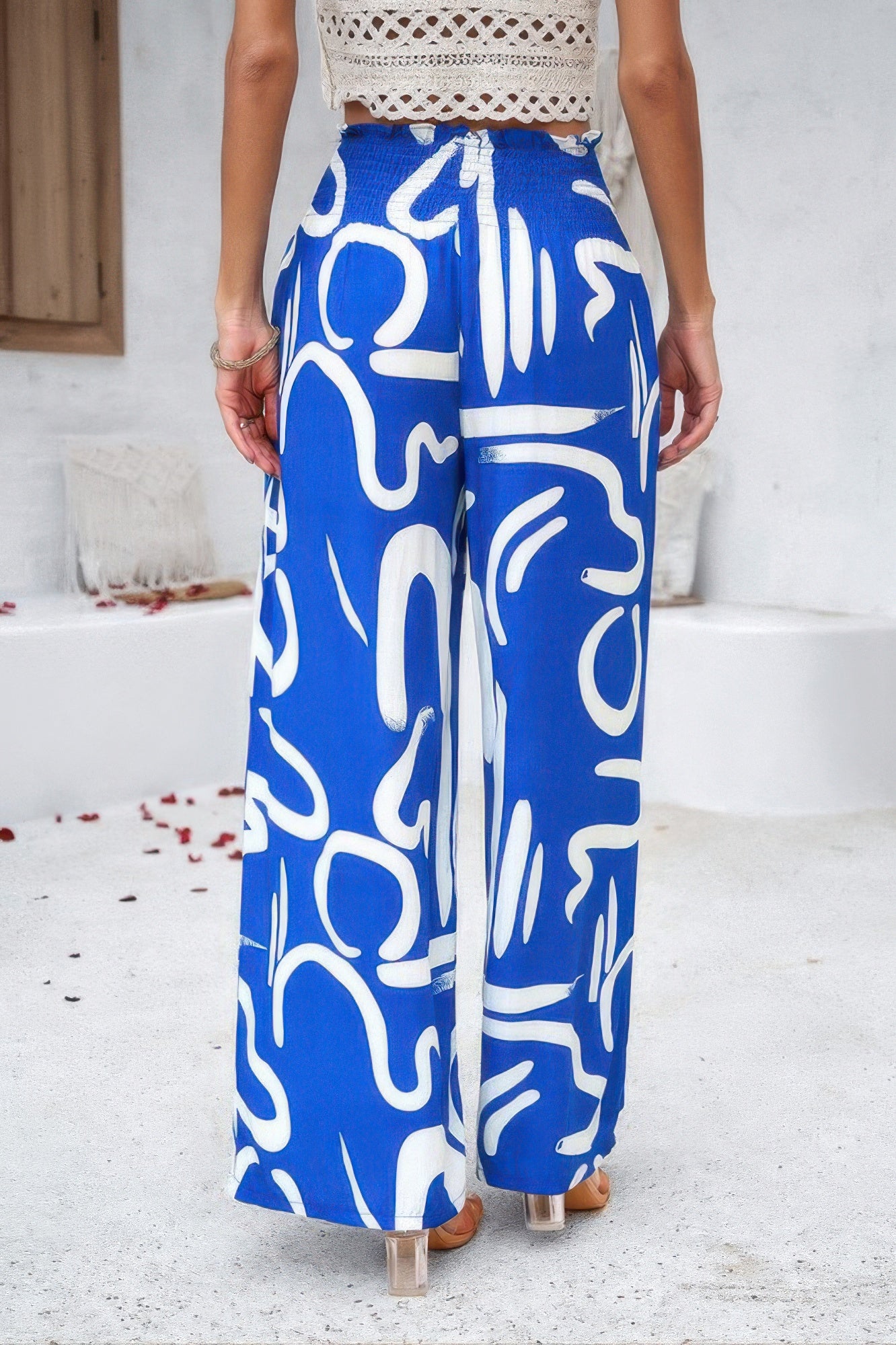 Allover Print Folded Frill Wide Leg High Waist Pant - Tigbul's Variety Fashion Shop