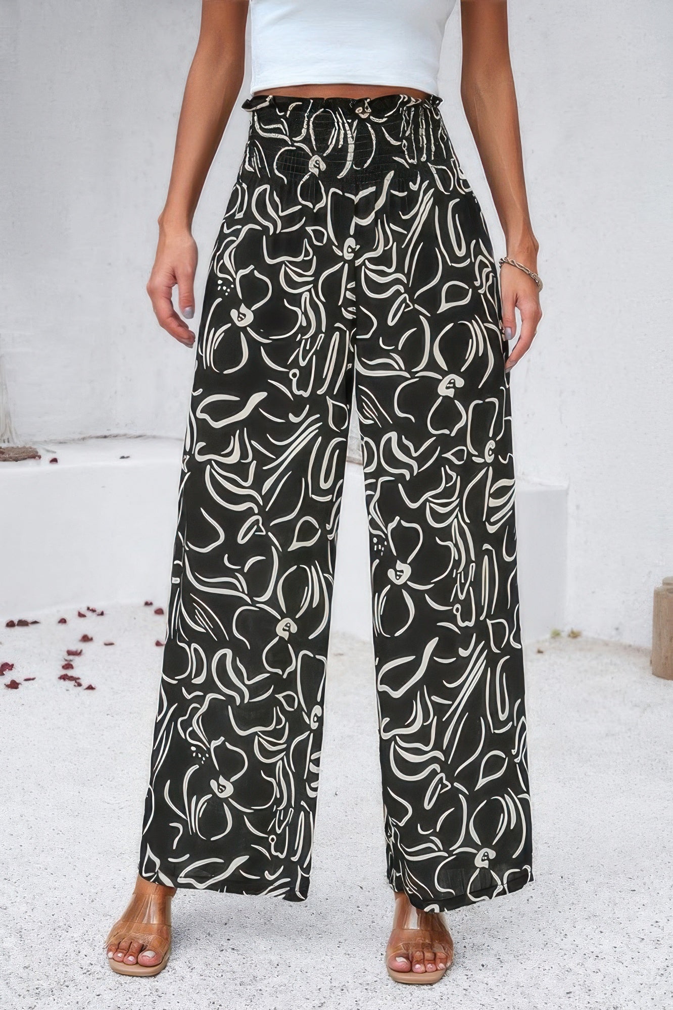 Allover Print Folded Frill Wide Leg High Waist Pant - Tigbul's Variety Fashion Shop
