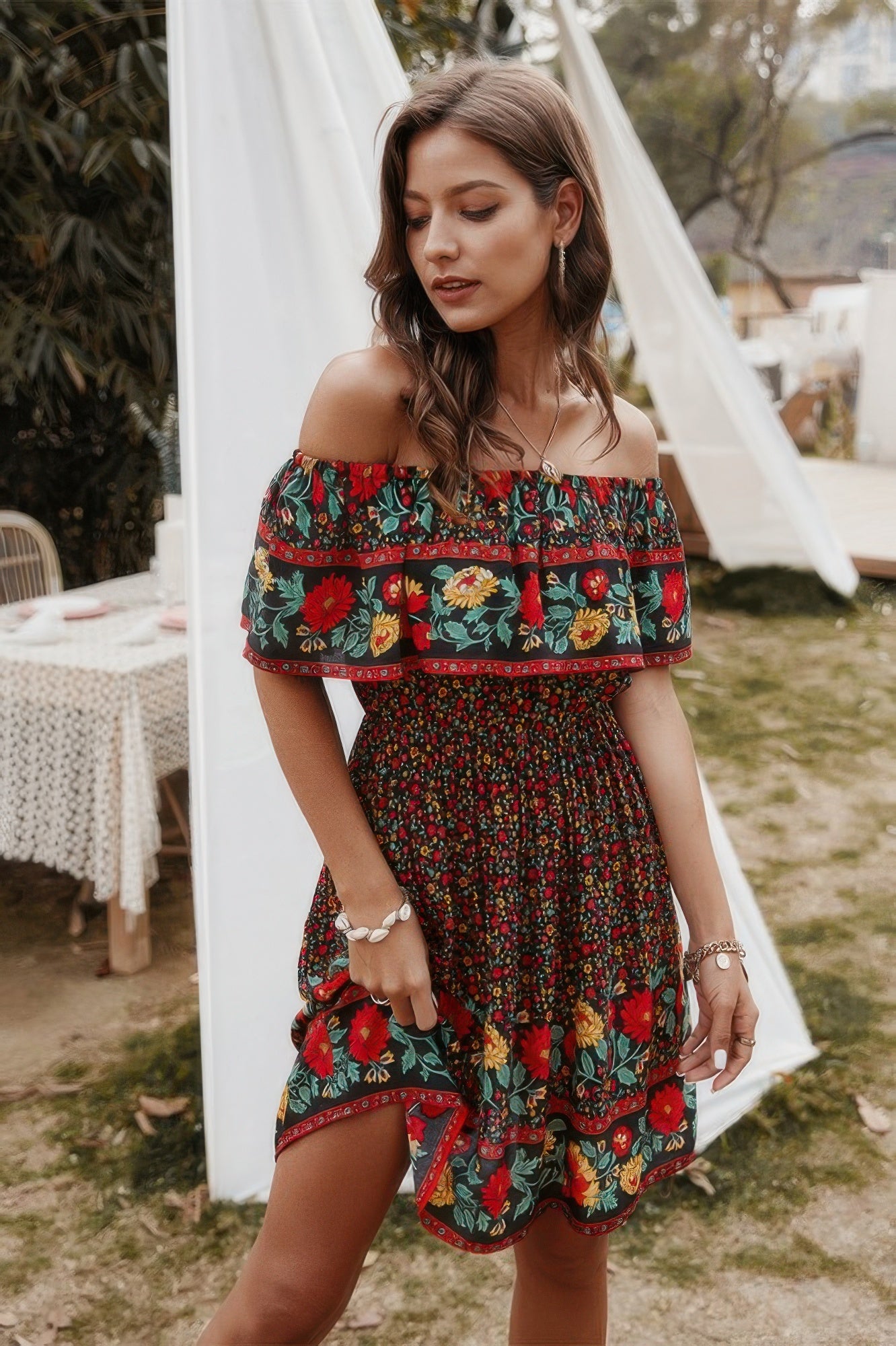 Boho Print Cut Ruffle Accented Pleated Short Dress - Tigbul's Variety Fashion Shop