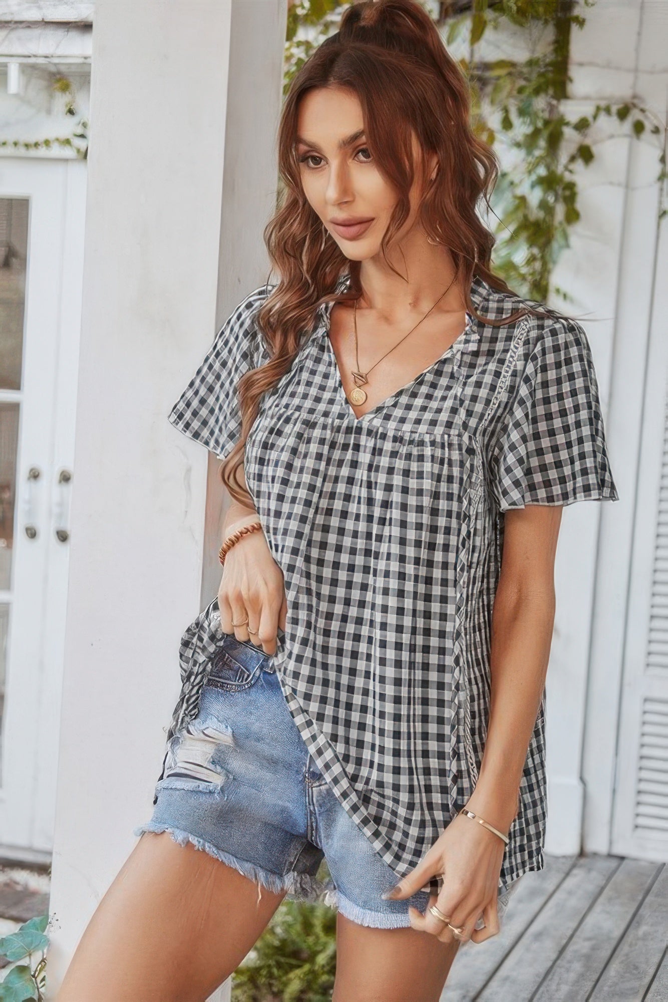 Gingham V Neck Plaid Loose Drawstring Blouse - Tigbul's Variety Fashion Shop