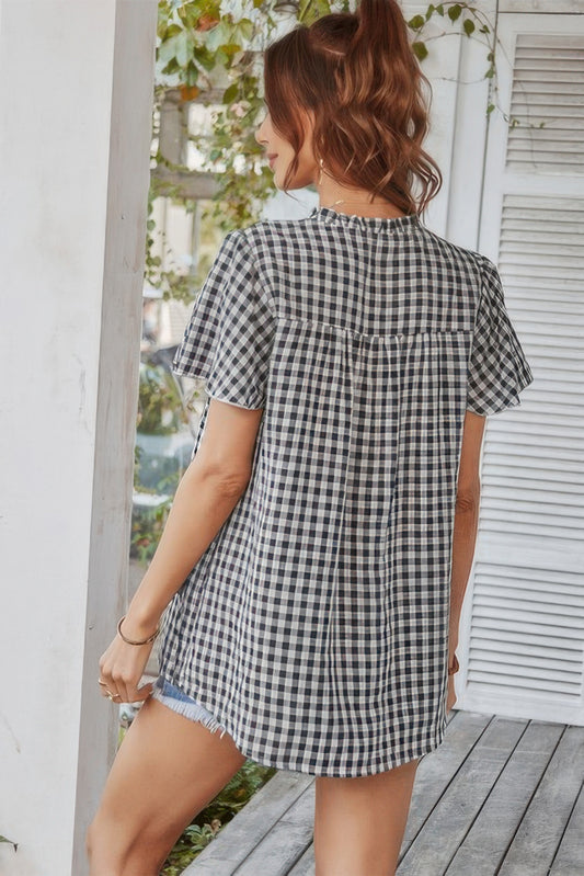 Gingham V Neck Plaid Loose Drawstring Blouse - Tigbul's Variety Fashion Shop
