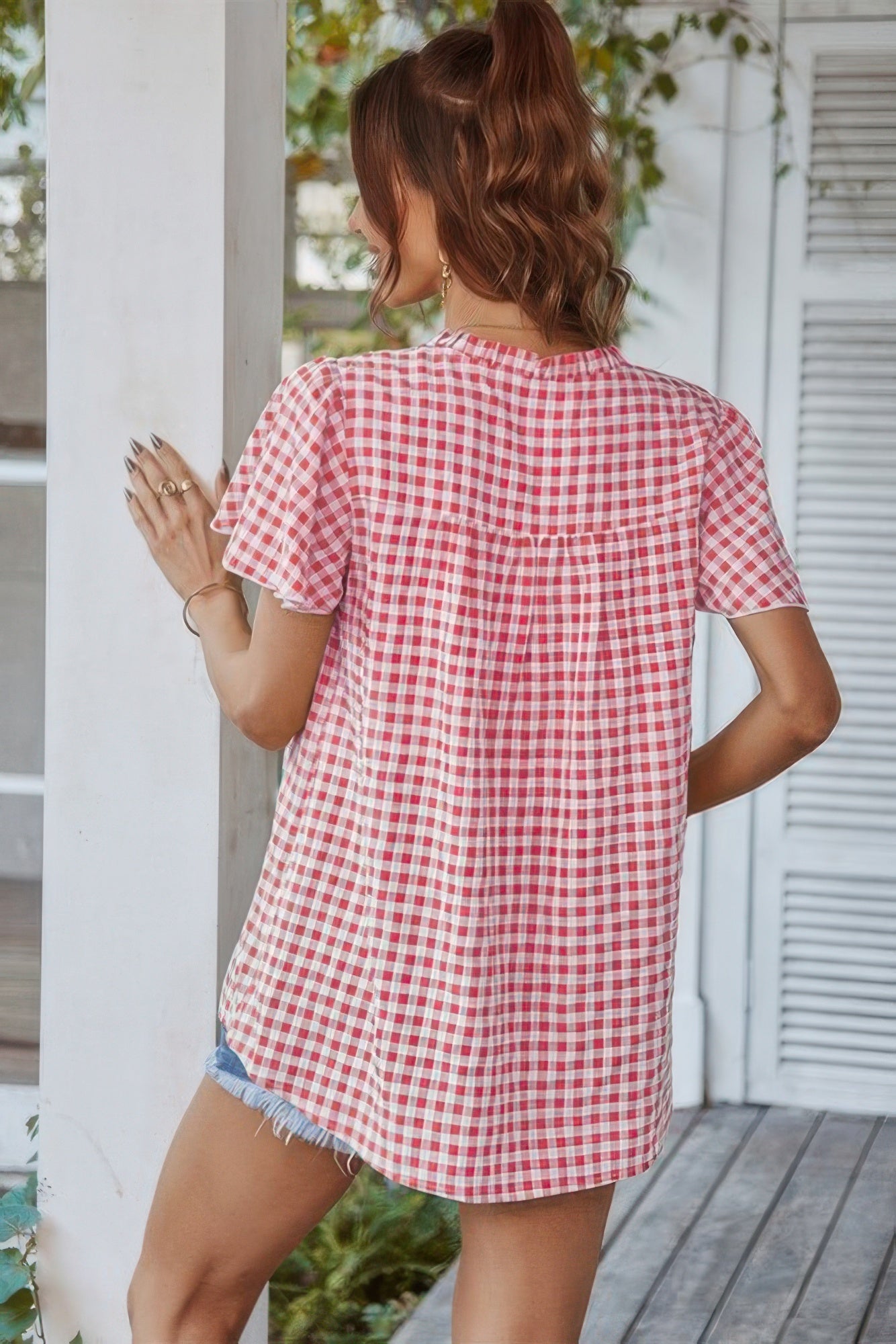 Gingham V Neck Plaid Loose Drawstring Blouse - Tigbul's Variety Fashion Shop