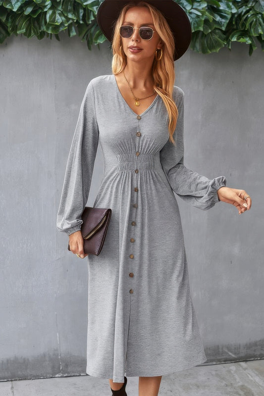 Solid V Neck Elastic Waist Button Long Sleeve Dress - Tigbul's Variety Fashion Shop