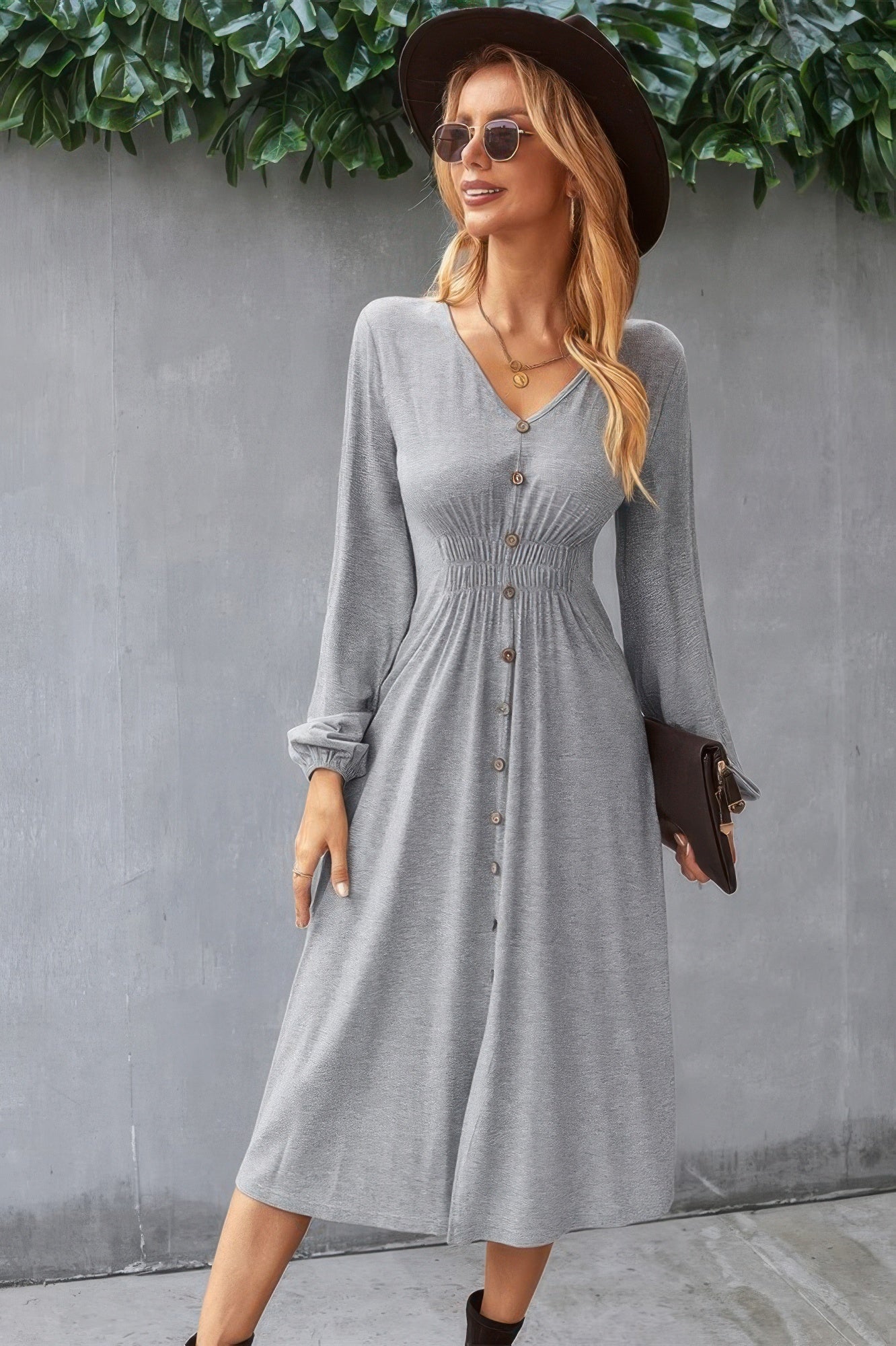 Solid V Neck Elastic Waist Button Long Sleeve Dress - Tigbul's Variety Fashion Shop