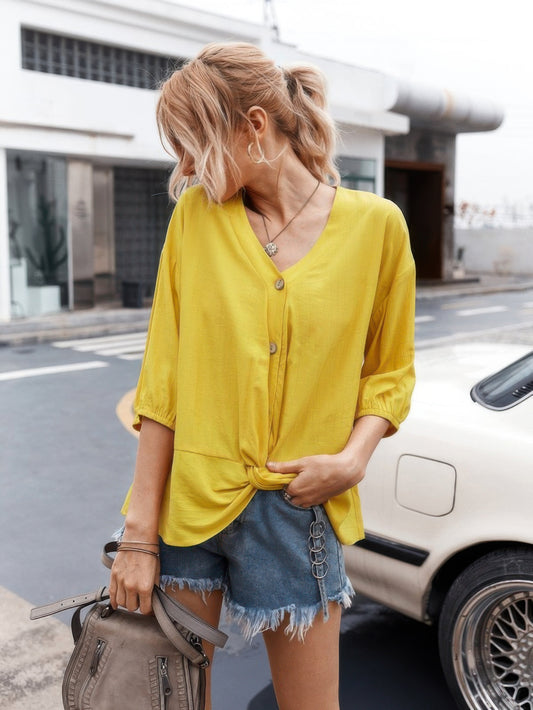 V Neck Drawstring Solid Button Down Blouse - Tigbul's Variety Fashion Shop
