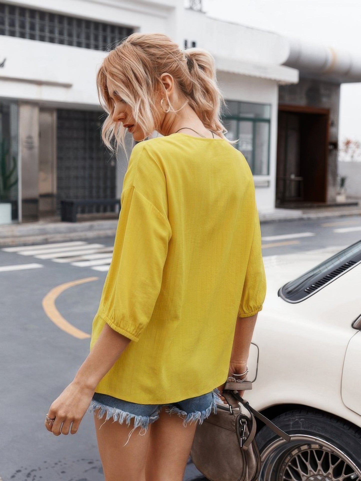 V Neck Drawstring Solid Button Down Blouse - Tigbul's Variety Fashion Shop