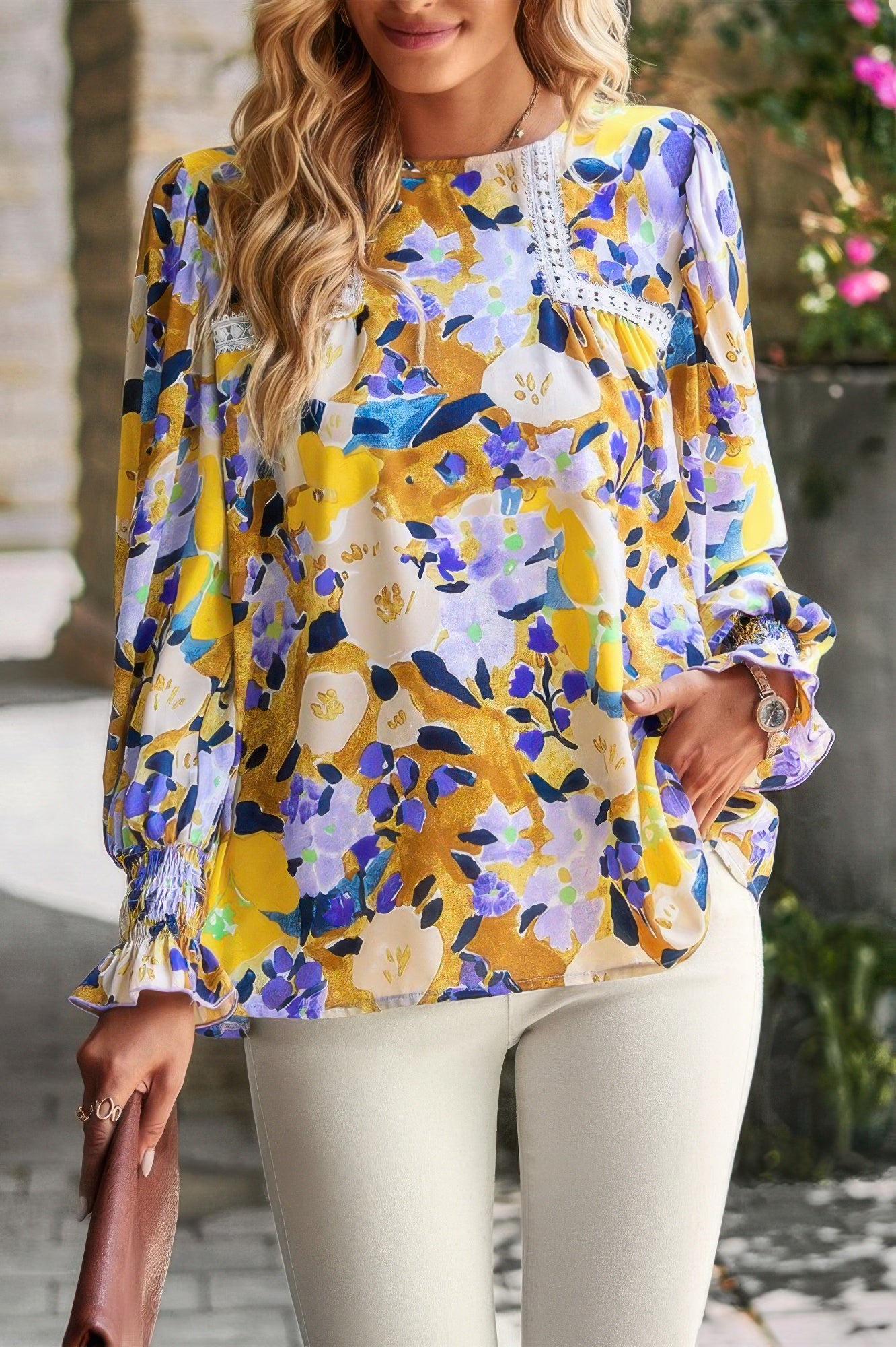Floral Contrast Lace Trim Split Top - Tigbul's Variety Fashion Shop