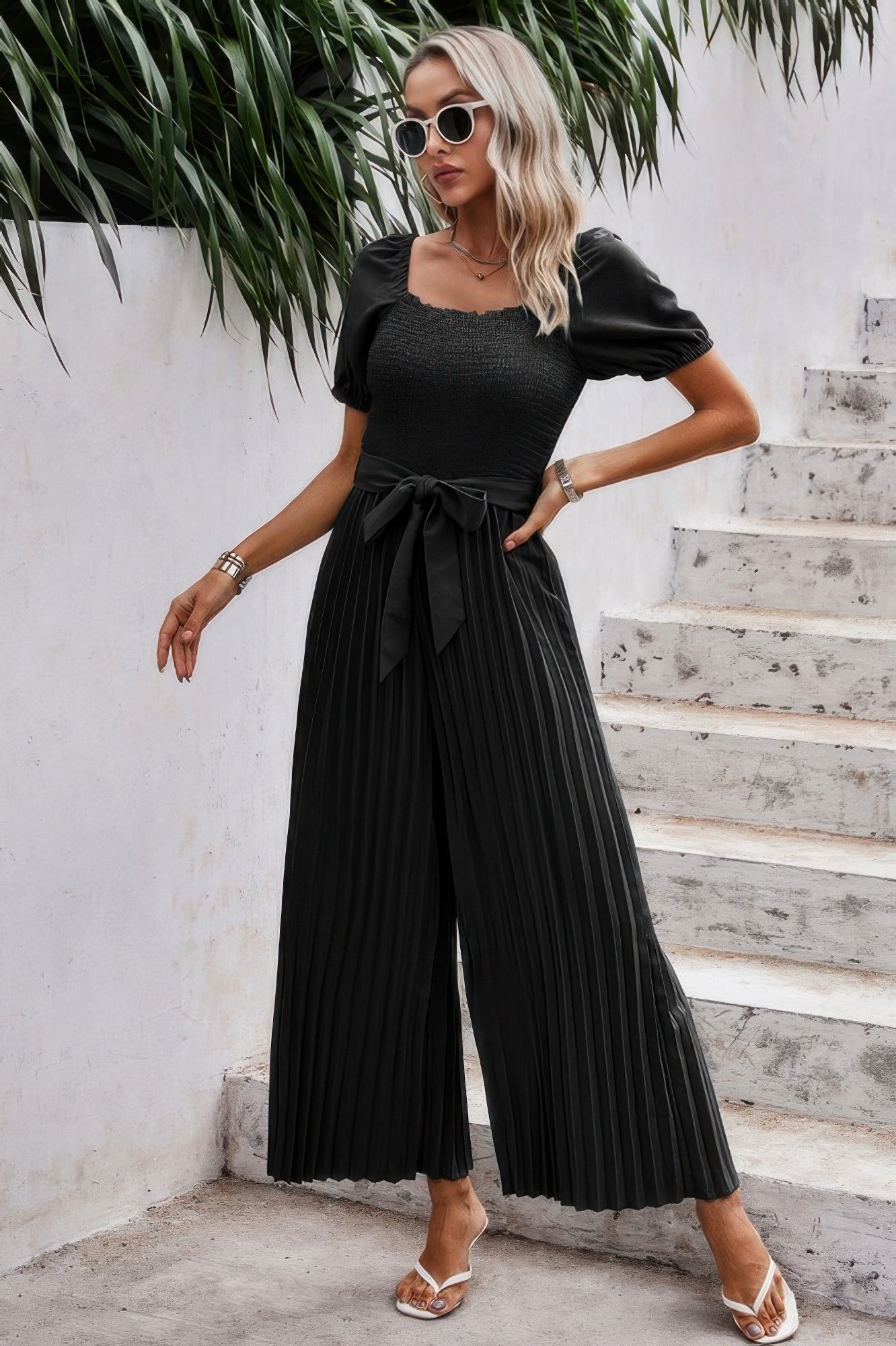Square Neck Ruffle Trim Belted Pleated Jumpsuit - Tigbul's Variety Fashion Shop