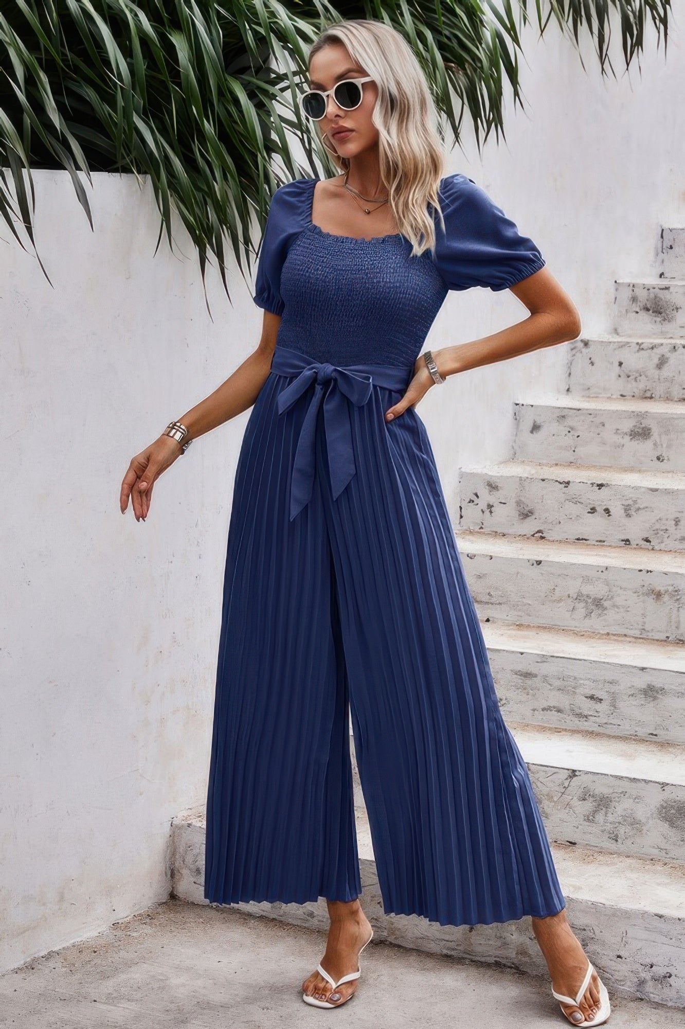 Square Neck Ruffle Trim Belted Pleated Jumpsuit - Tigbul's Variety Fashion Shop